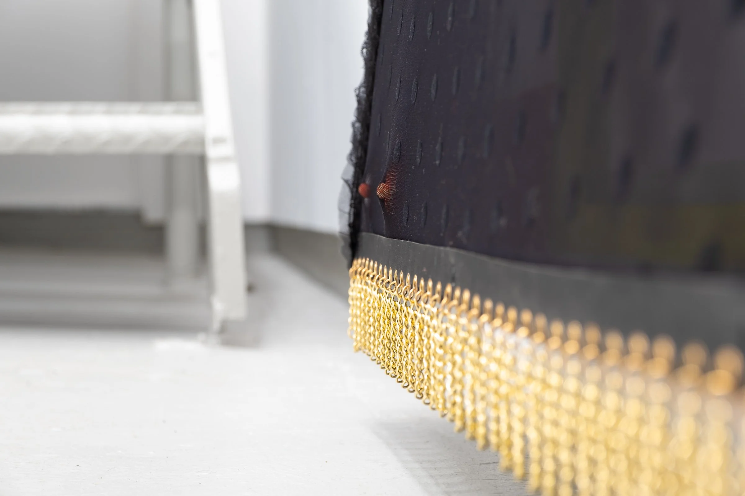   Belle De Jour for Hallway Corner                                         2025. Site-specific installation with spandex mesh, elastic trim, pleather, leather, ceramic, shelves, doorknob                                 152" x 125" x 5" 