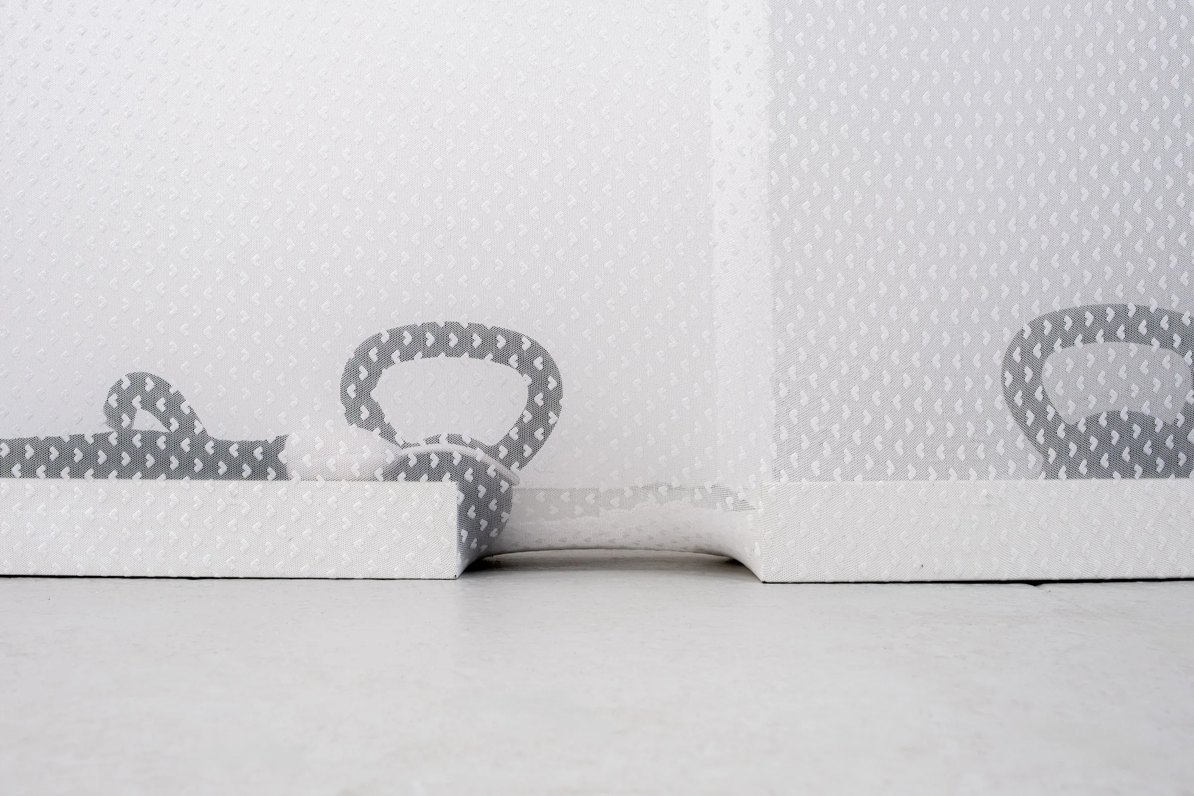   Bodice for Lyonya, Fedya, Katya and Vinny                                       2025. Site-specific installation with spandex mesh, linen, shelves, kettle bells, door draft stoppers, trim, linen thread, fabric polymer, ceramic, zip ties, oil paint,