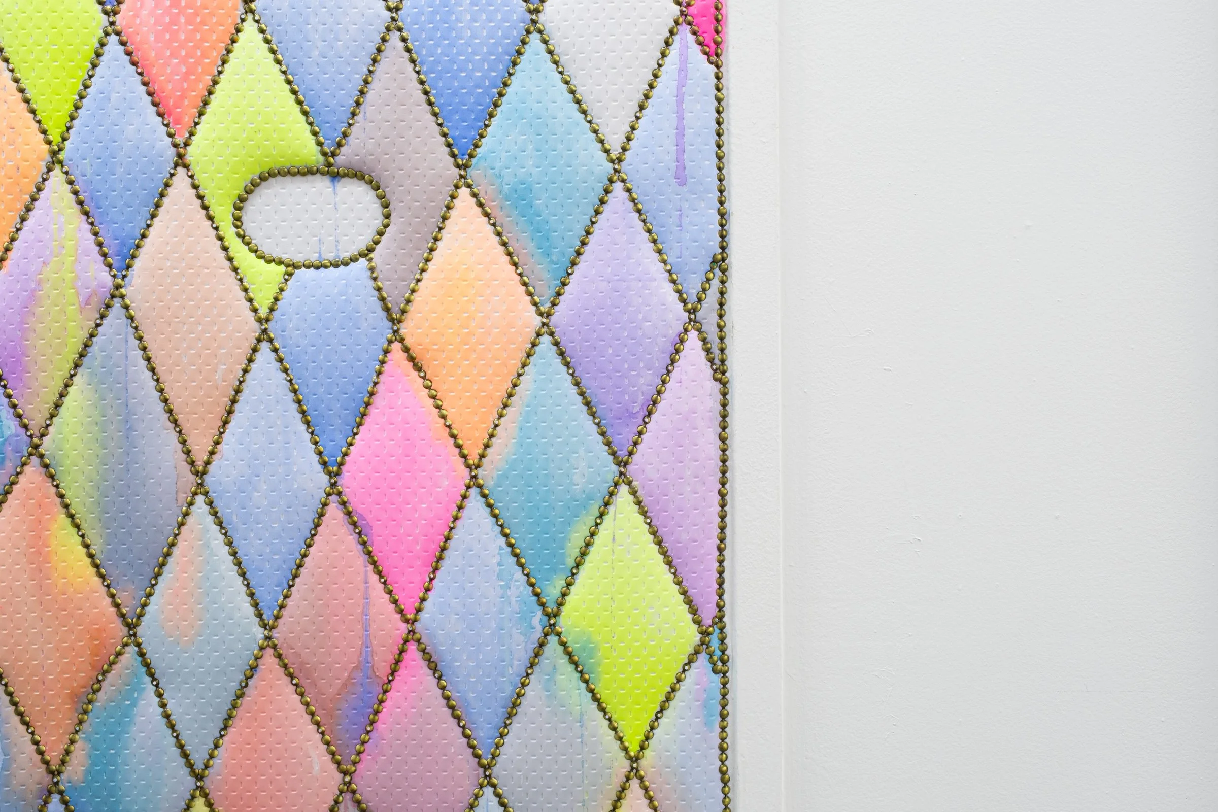   128 (for OyG)                                               2025. Site-specific painting with neoprene, fluid acrylic, batting, upholstery tacks, nails            40.5" x 87.5" x 5" 