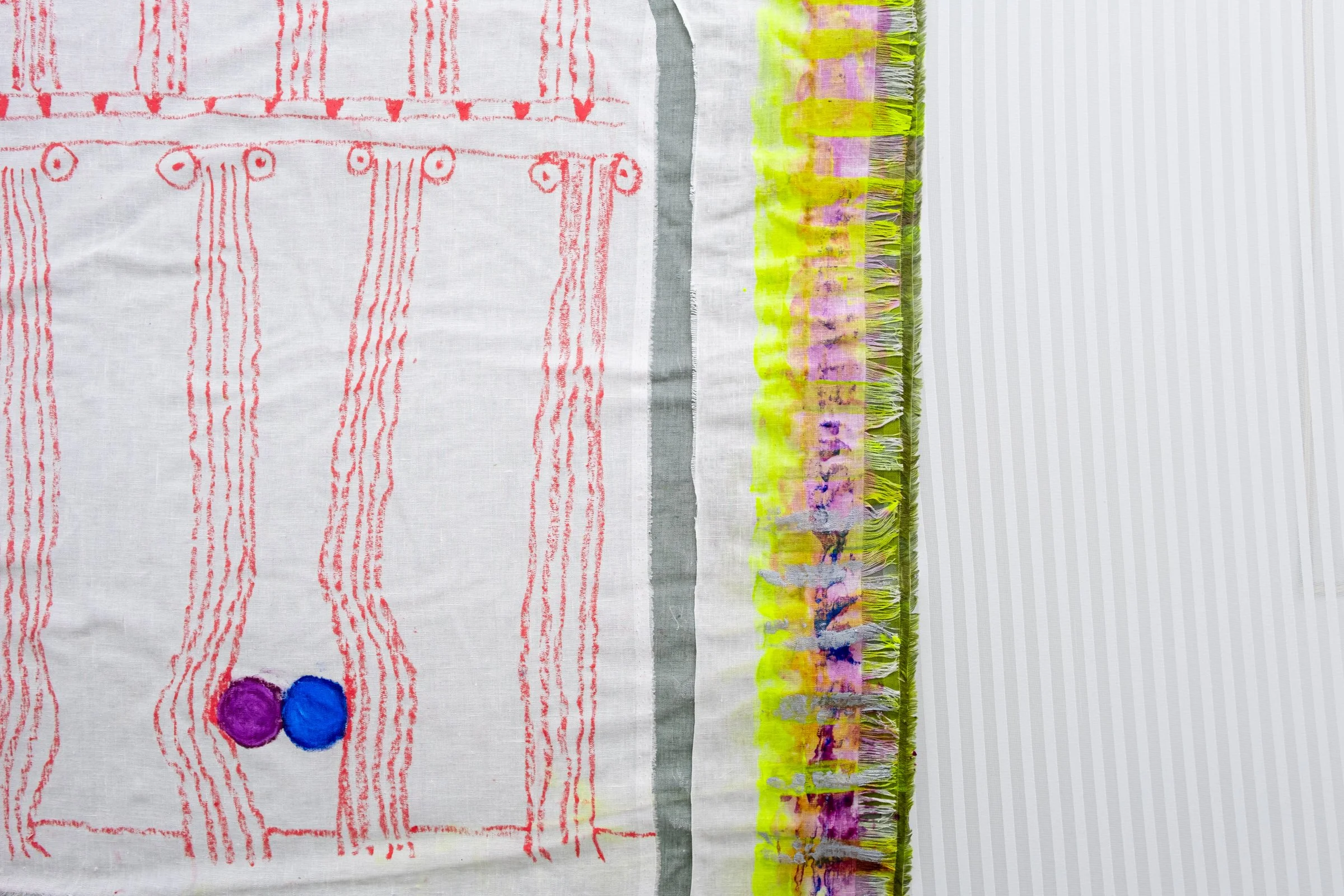   Bodice for Lyonya, Fedya, Katya and Vinny                                       2025. Site-specific installation with spandex mesh, linen, shelves, kettle bells, door draft stoppers, trim, linen thread, fabric polymer, ceramic, zip ties, oil paint,