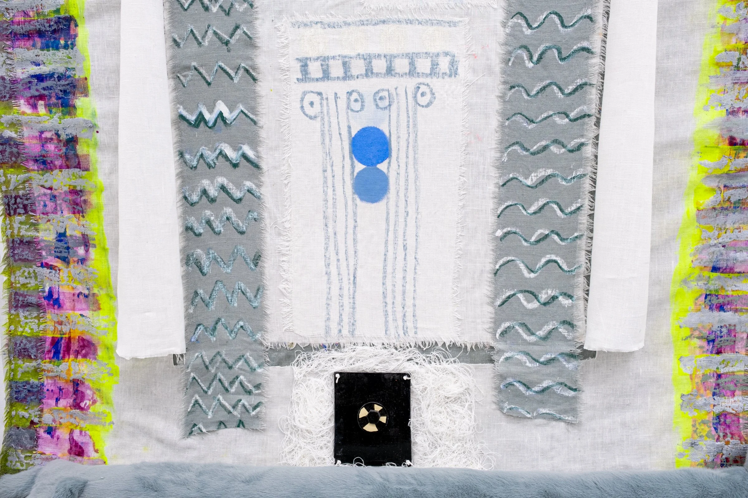   Bodice for Lyonya, Fedya, Katya and Vinny                                       2025. Site-specific installation with spandex mesh, linen, shelves, kettle bells, door draft stoppers, trim, linen thread, fabric polymer, ceramic, zip ties, oil paint,