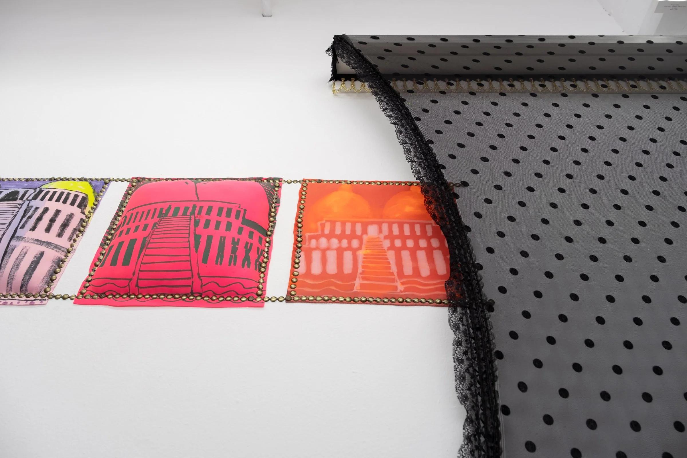   TOPS (For Hatshepsut)                                     2024 - 25. Site-specific installation of permanent marker, fluid acrylic on neoprene drawings, with upholstery tacks and poly-fil. 12" x 12" each; 12.5" x 150" overall 