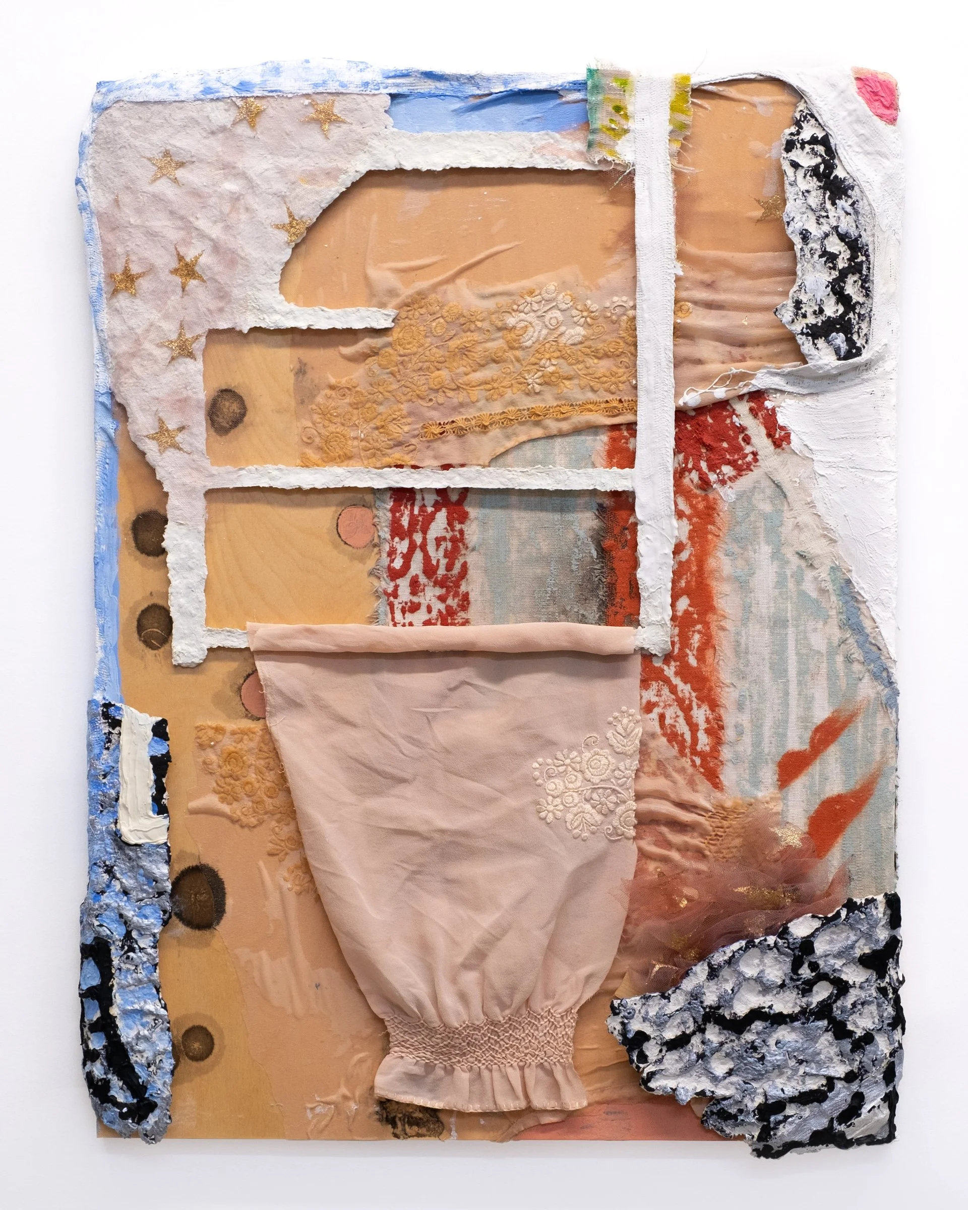   Watching the Dive                                 2025. Oil, oil stick, acrylic, paper pulp, silk, linen and gauze on wood panel, 20” x 24” 
