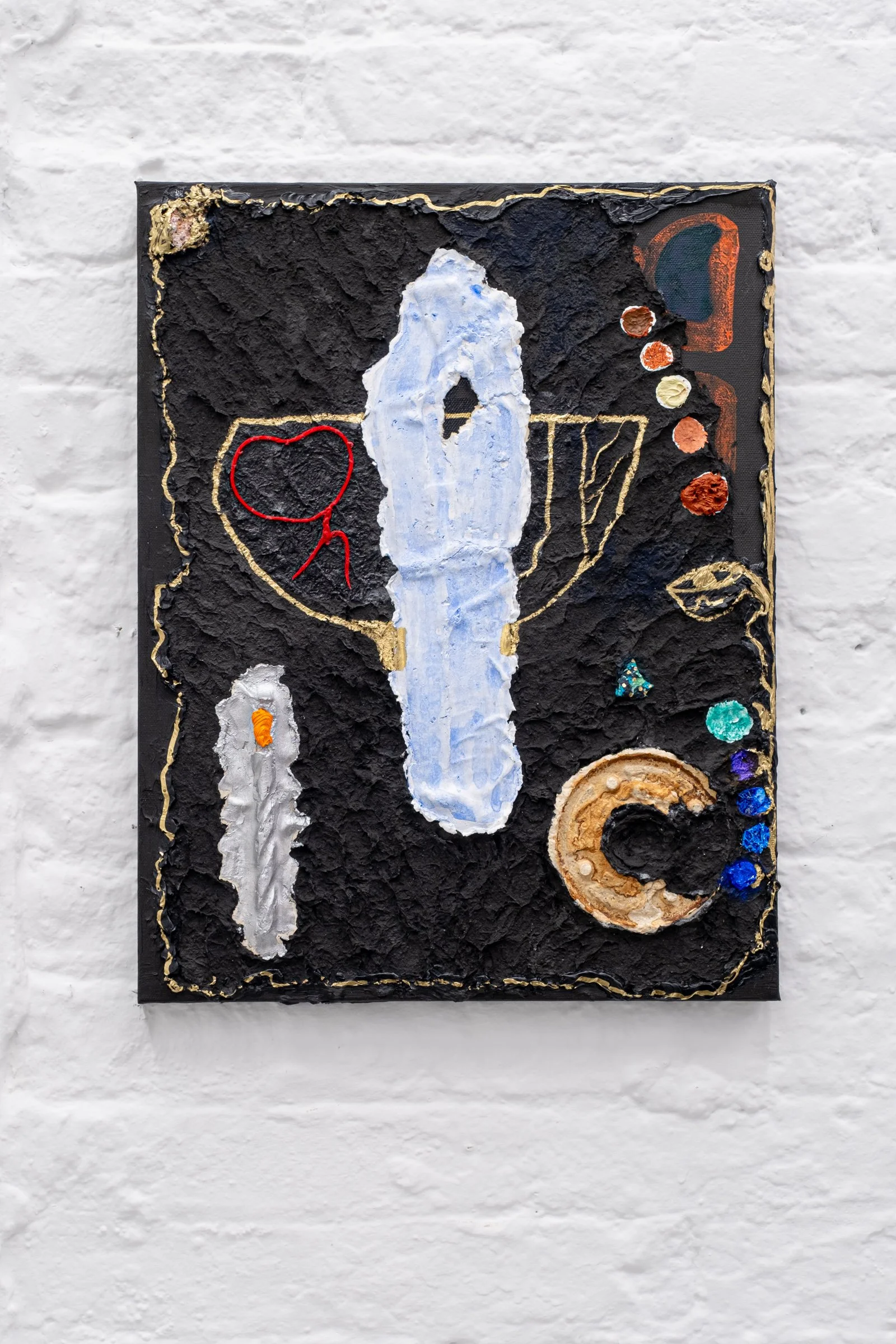   Spell                                                     2024 - 25. Oil, acrylic, silver gesso, thread, paper pulp on canvas. 14" x 18" 