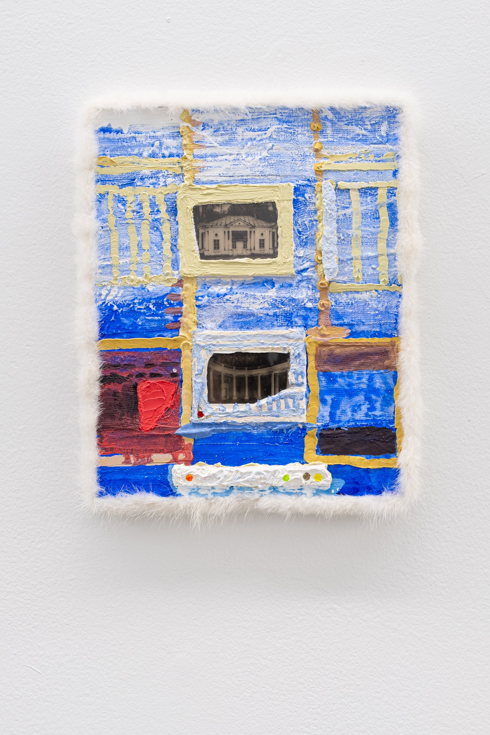  Pallet Elevators                                            2024 - 25. Oil, acrylic, plaster of Paris, glass slides and fur trim on wood panel. 13" x 15.5" 