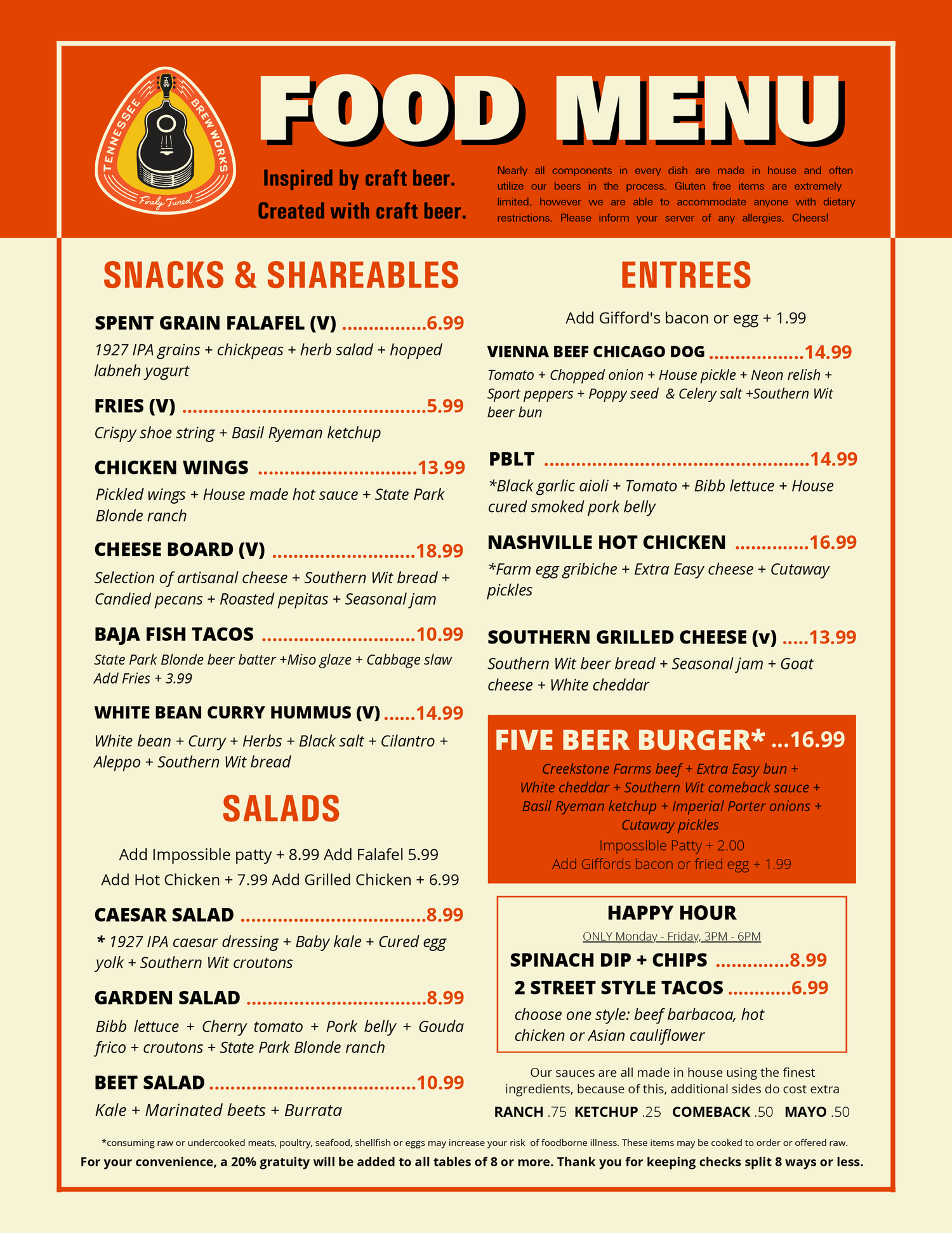 Tennessee Brew Works | Taproom Food Menu