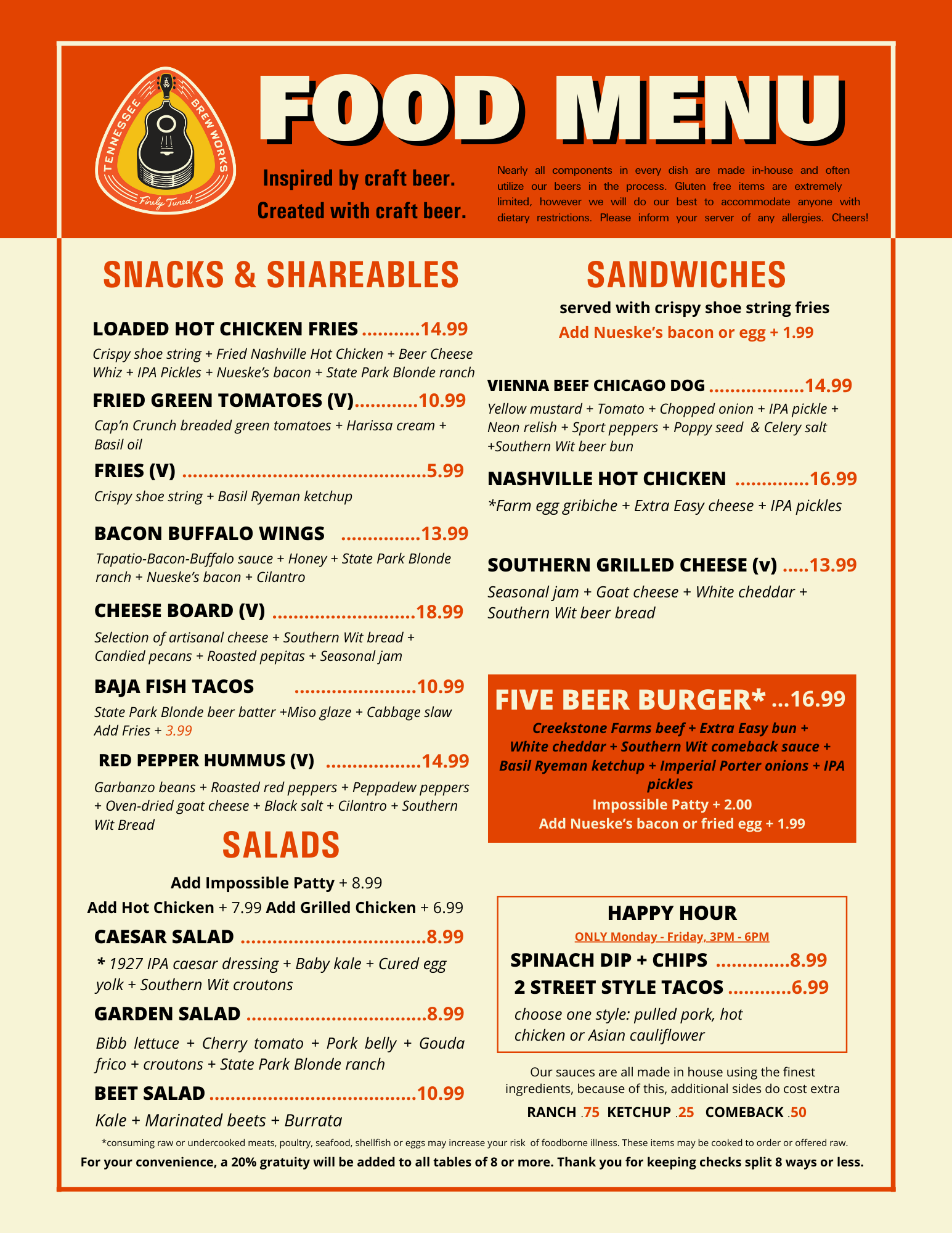 Tennessee Brew Works | Taproom Food Menu