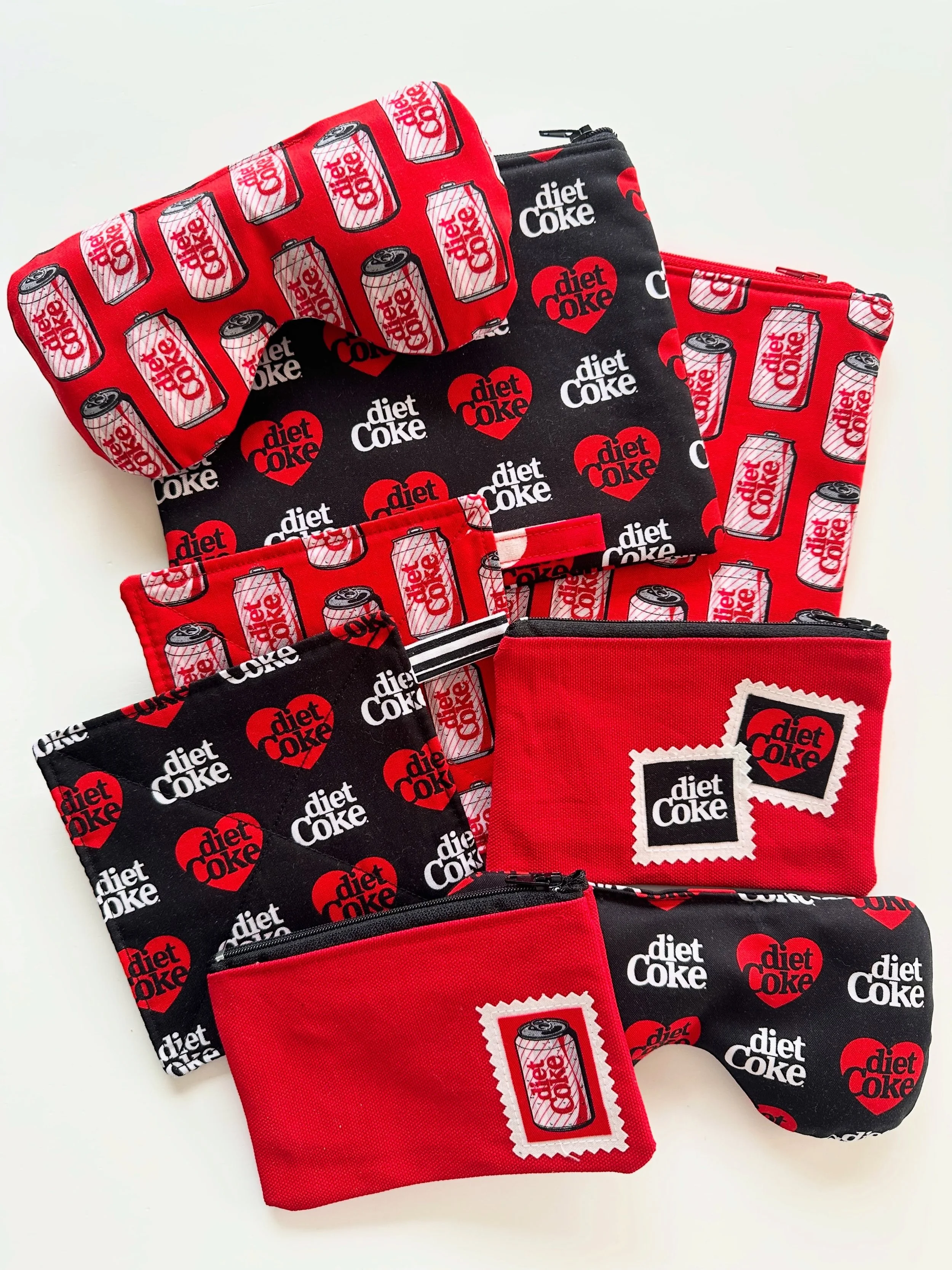 i pre-ordered this #dietcoke fabric back in march, so when it came in the mail four months later i dropped everything to cut it up and make things with it! lmk if you&rsquo;d like to order any of these items ❤️🖤