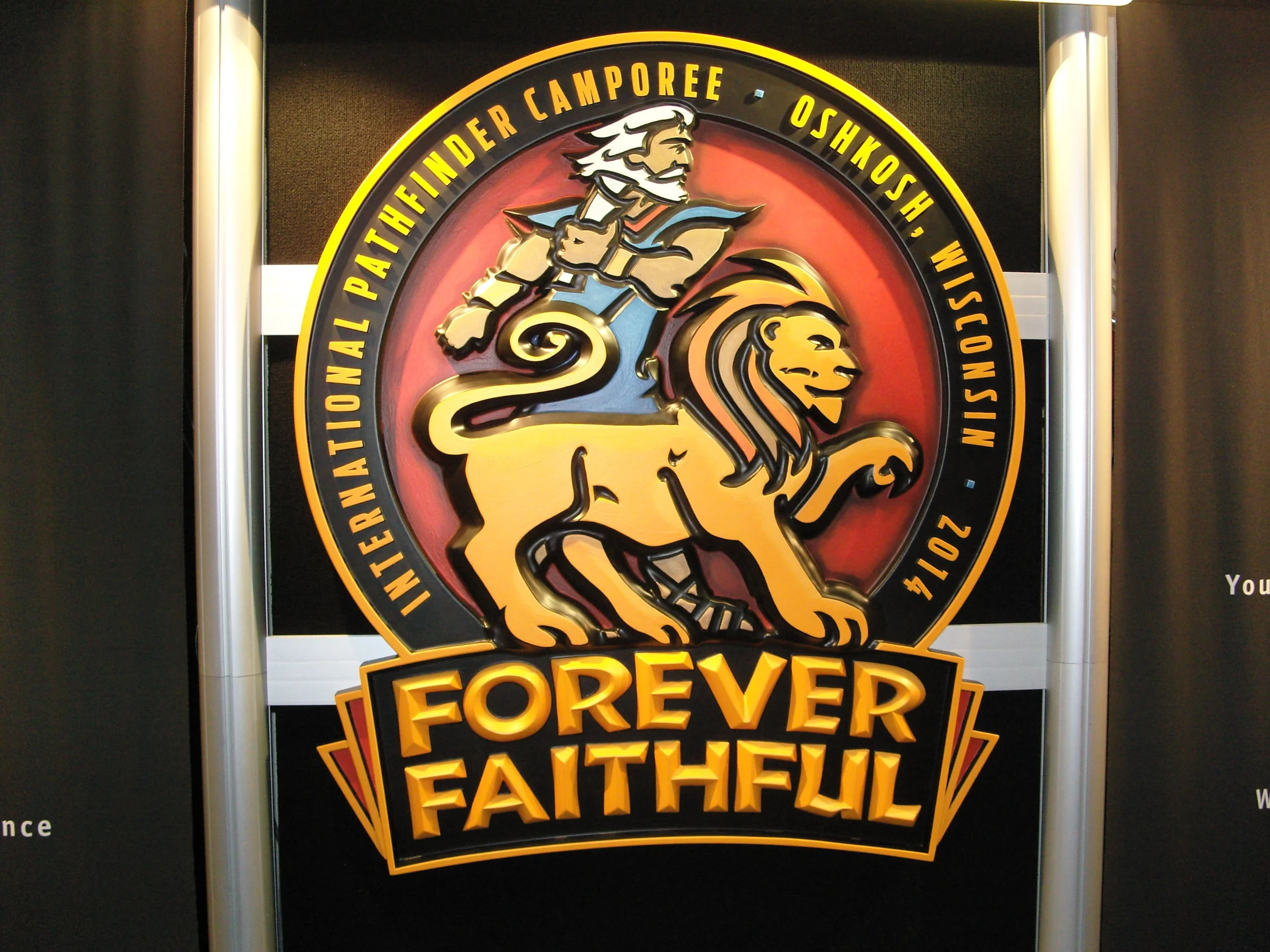A hand-carved logo for 2014 International Pathfinders Camporee. It is about 40" across