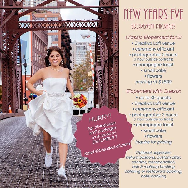 This year is almost over! Did you find your soulmate in 2018? Ready to get married? Why wait? Celebrate your great year with a New Years Eve elopement wedding in Chicago. Packages available for 2 to 30 people. Time is running out, please book by Dece