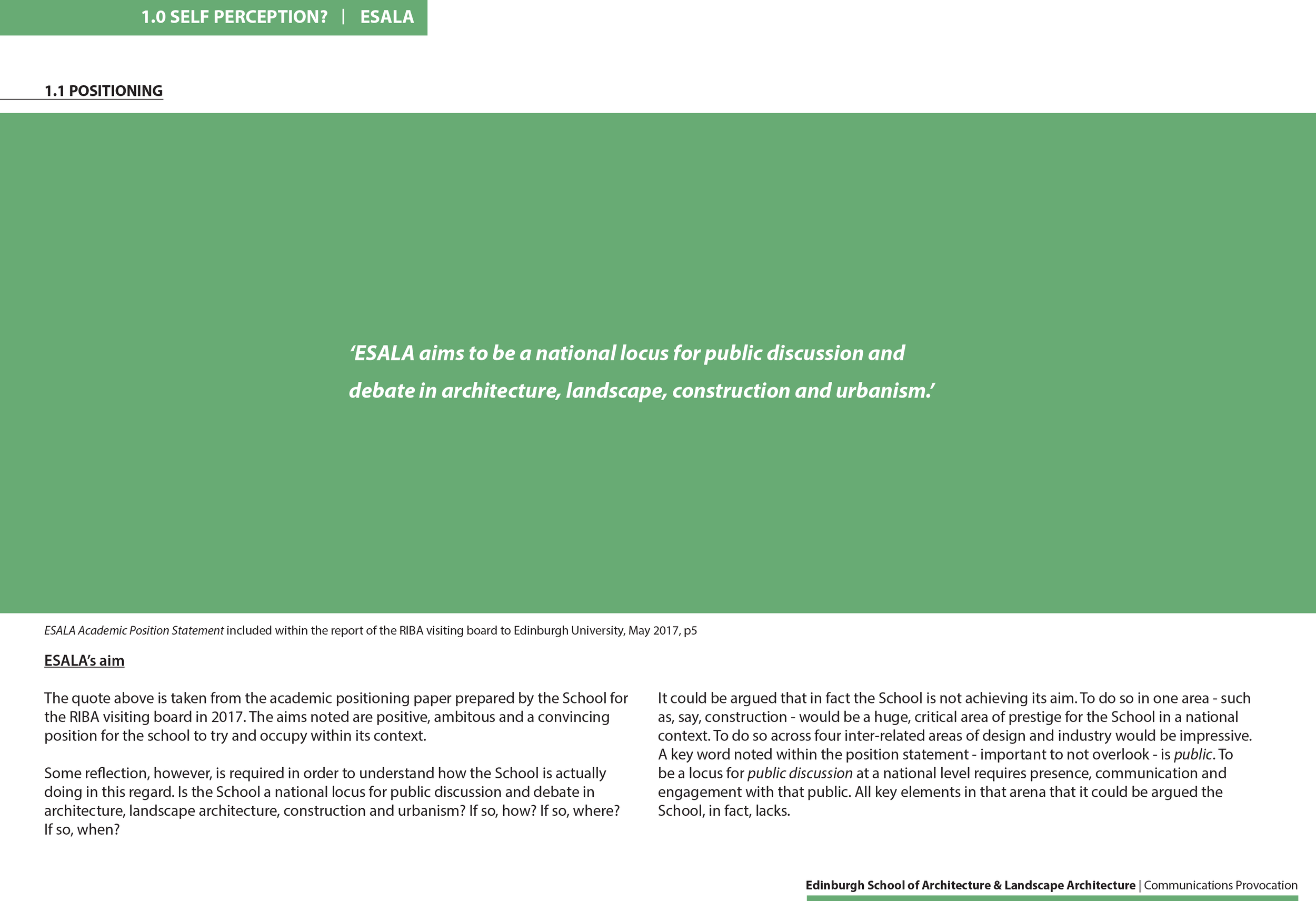 Page from ESALA Communications Provocation illustrating the School’s academic positioning statement