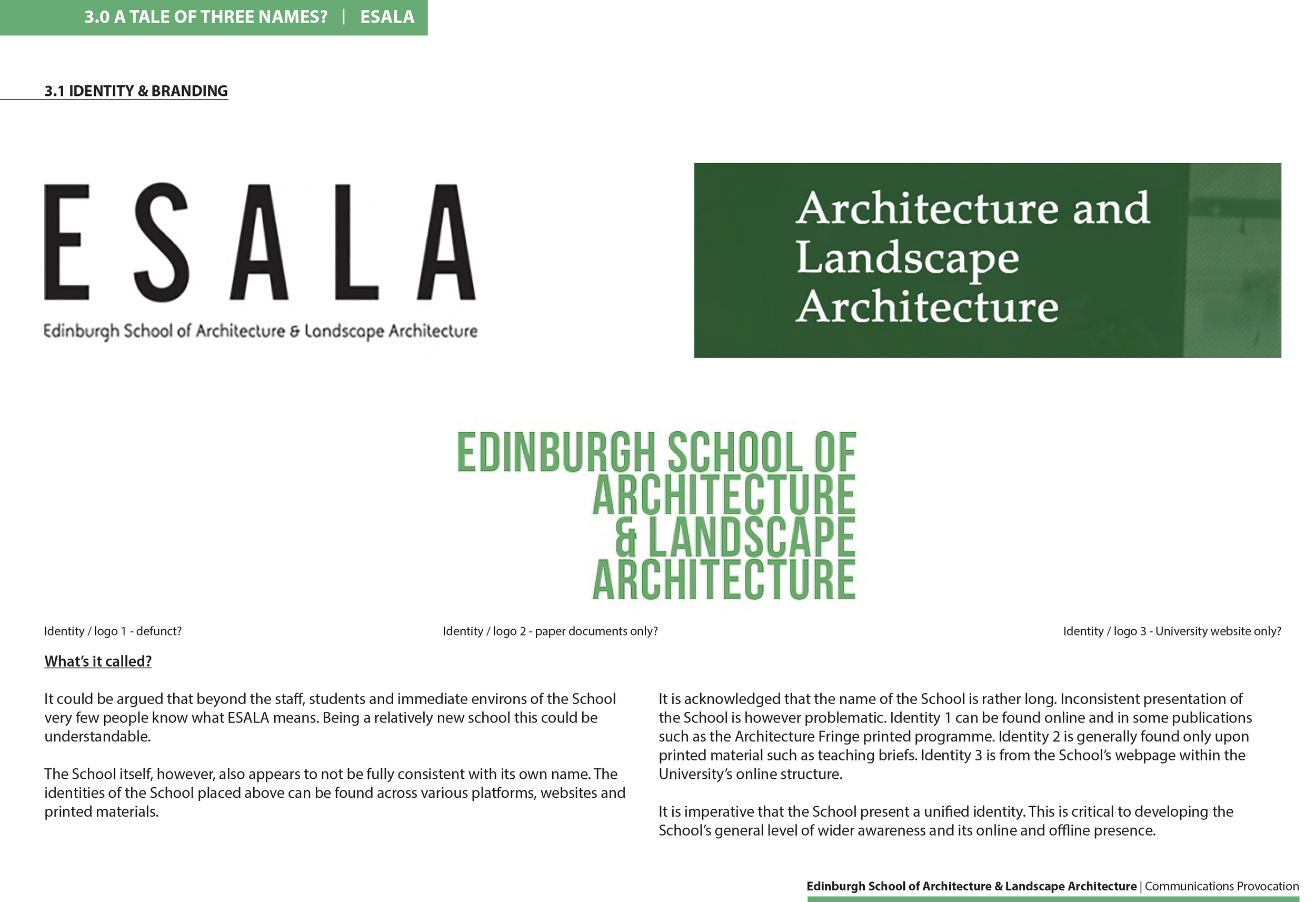 Page from ESALA Communications Provocation illustrating the School’s various concurrent branding and identities