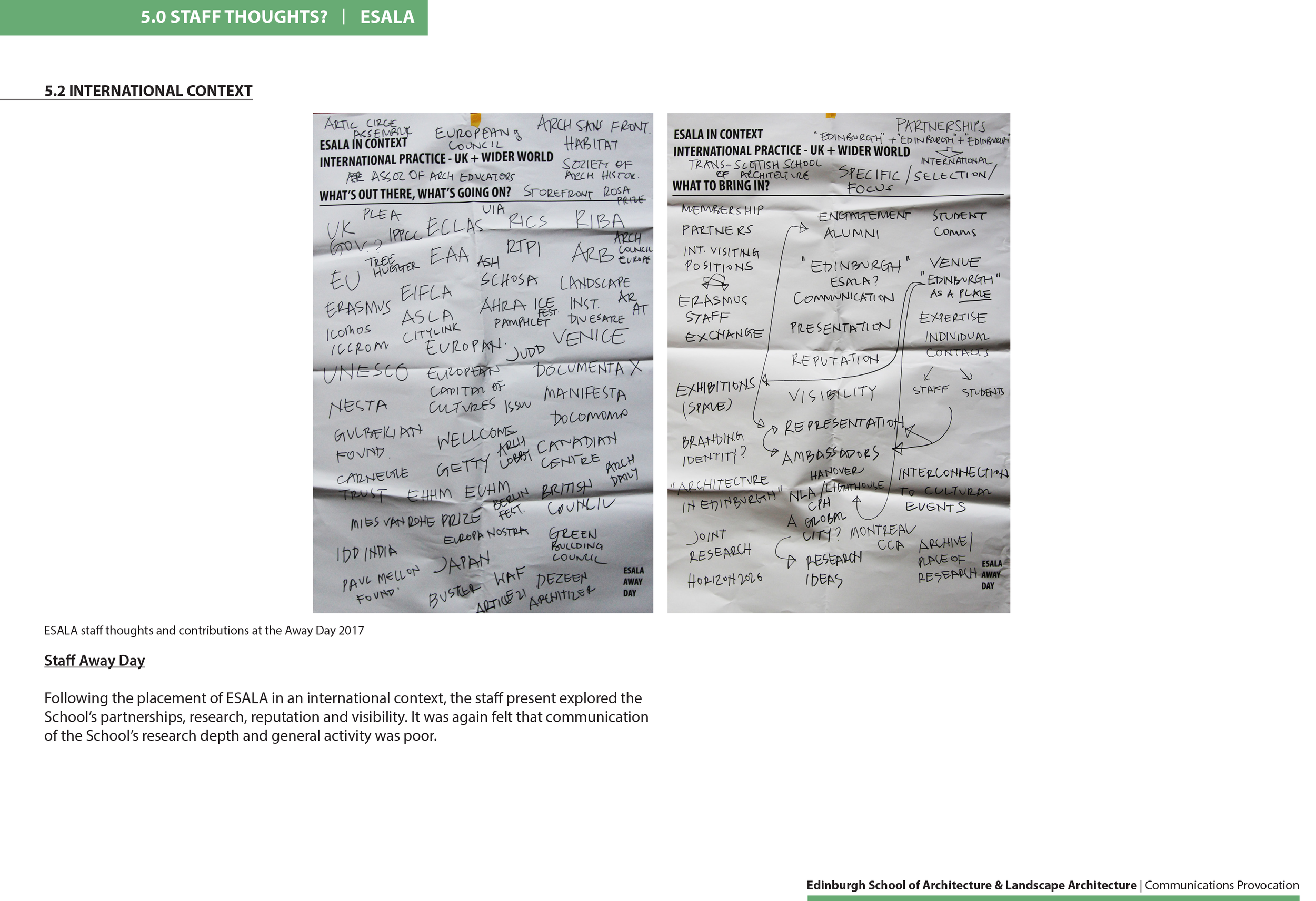 Page from ESALA Communications Provocation illustrating staff reflections and input