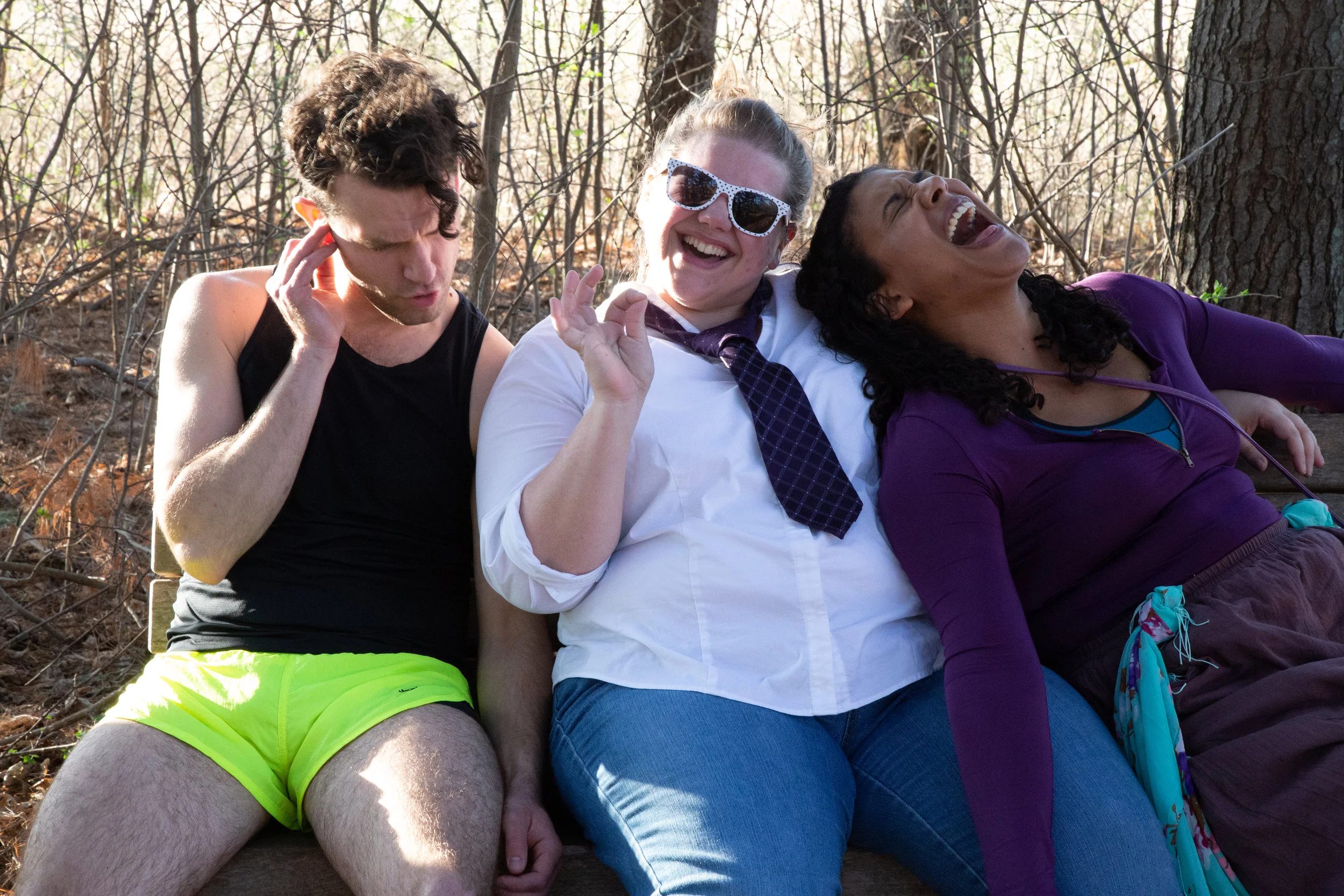 Sir Andrew (Aaron Henry), Sir Toby (Caitlin Weber) and Maria (Tia Tanzer) during a night of drinking and singing outside Countess Olivia's house.