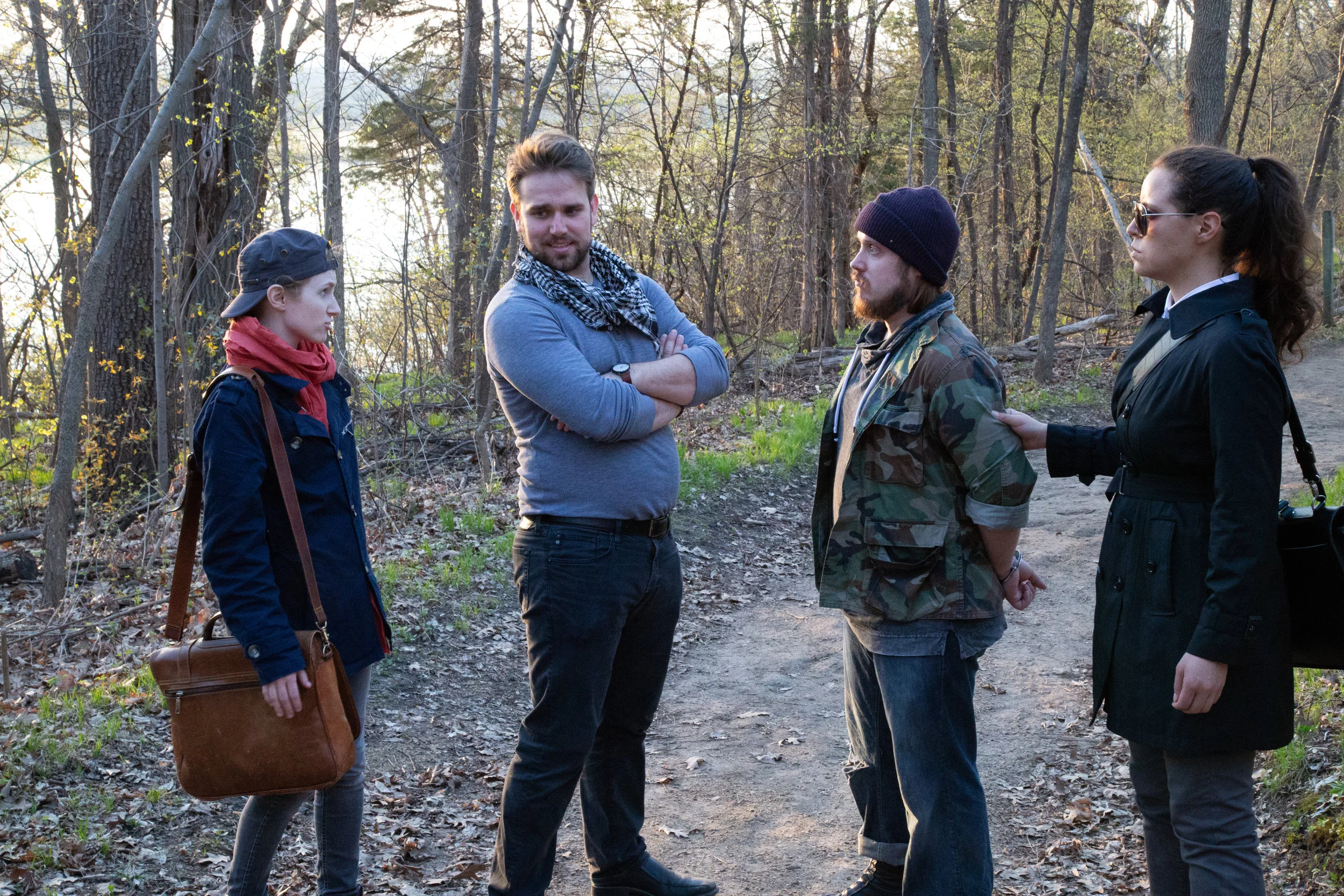Viola (Leah Christine), Orsino (Henry Southwick), Antonio (Zach Filkins) and Officer (Michelle Del)