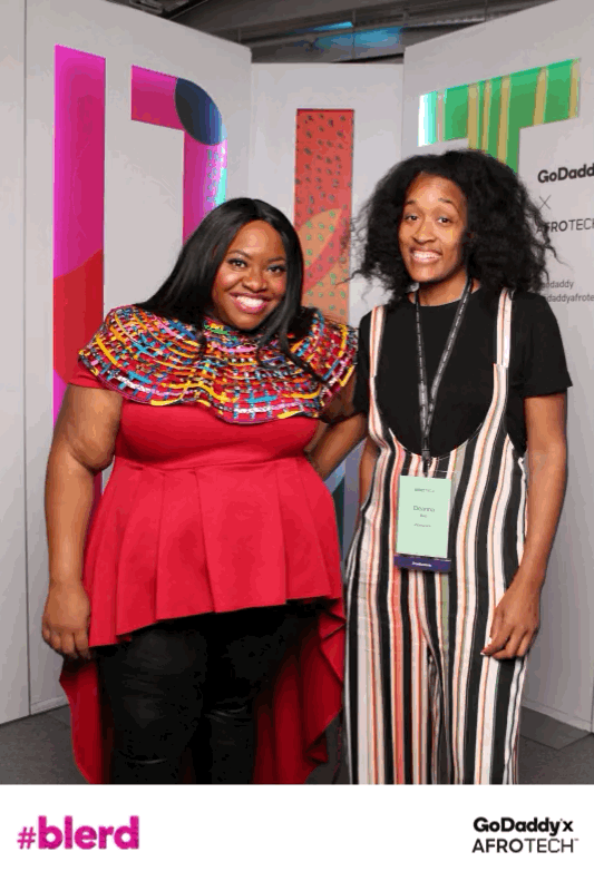 Black Girl Thrive founders: Gaybrielle LeAnn Gant (CIO) and Deanna S Reid (CCO) at GoDaddy photo activation at Afrotech 2018 Conference at the Palace of Fine Arts in San Francisco, California.