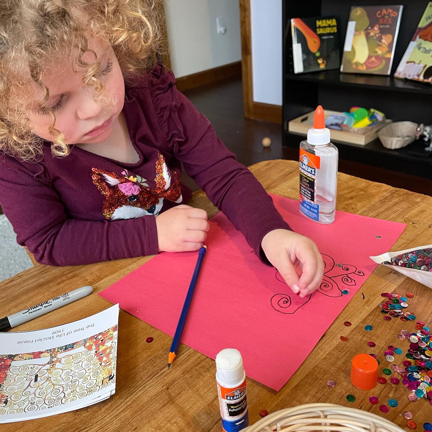 Klimt-inspired art project today. #montessoriathome #pandemiclife