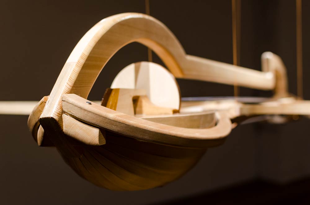 ANDREW BARCO: The Androne: or Semi-autonomous Flying Hurdy (after Tatlin) (detail), 2016, wood, musical instrument parts