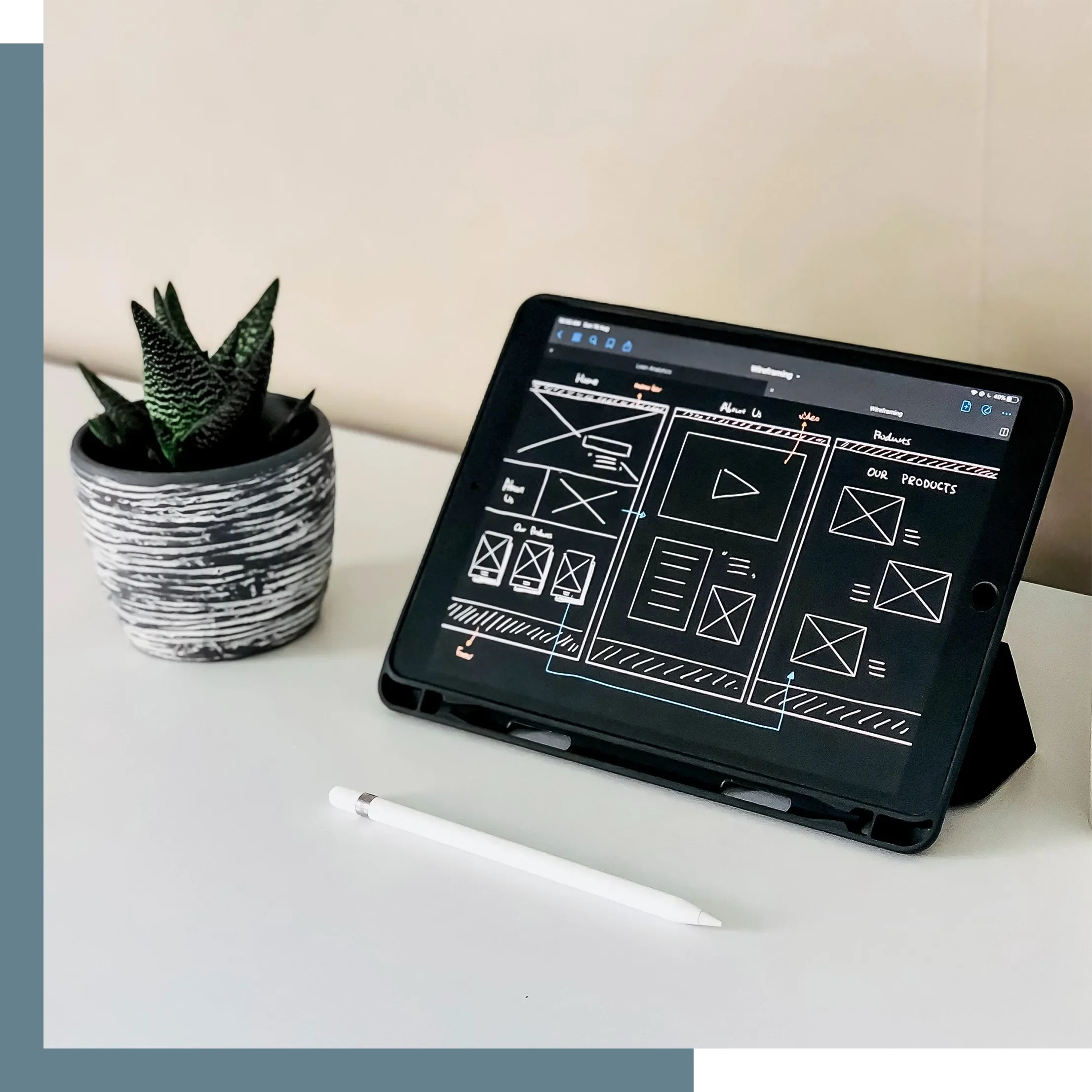 Website design wireframes on a tablet