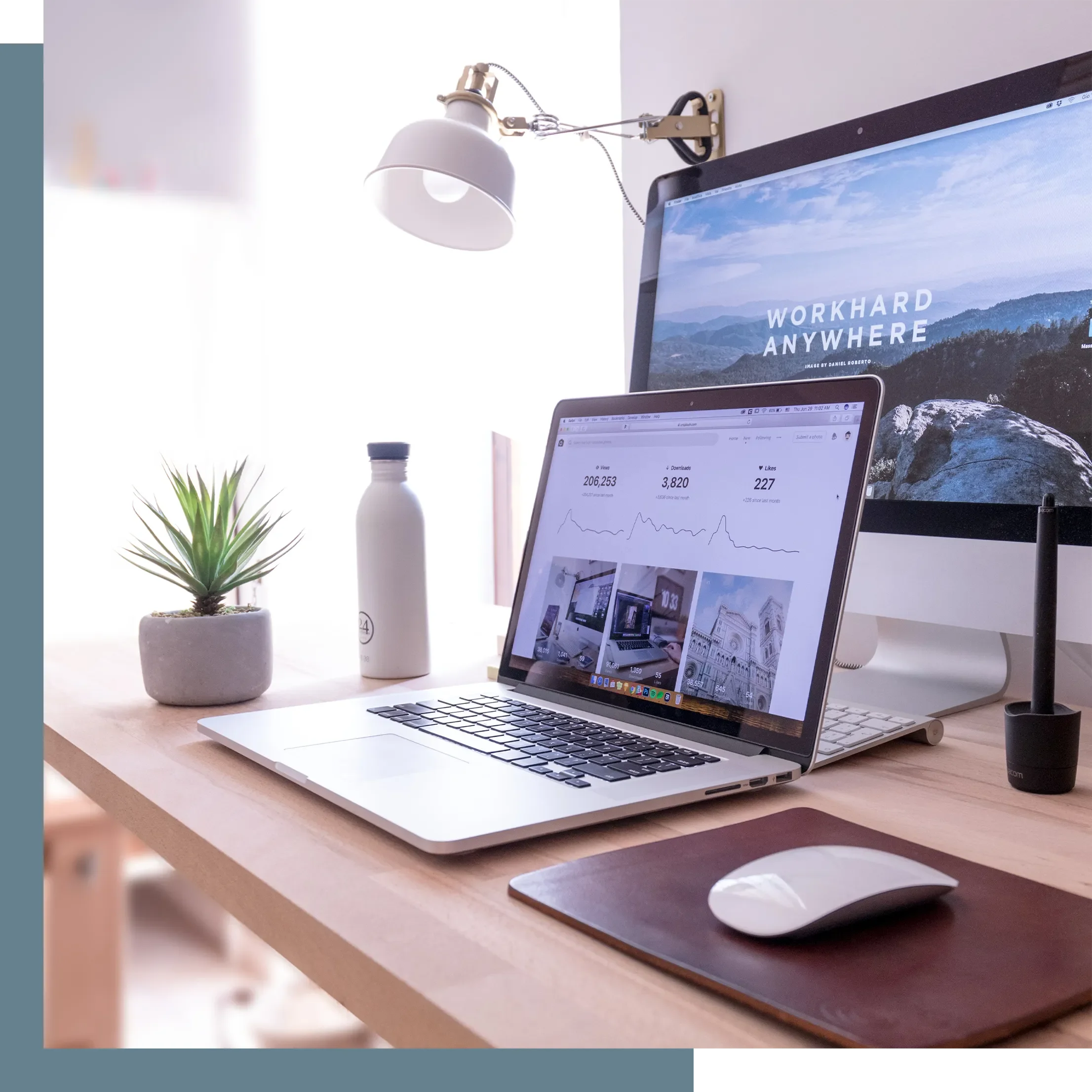 Desk with laptop and monitor