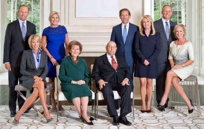 The first and second generations of the DeVos family. Left–right: Dick & Betsy, Cheri, Helen & Richard, Daniel & Pamella and Doug & Maria. | Credit: Orlando Magic Media Guide