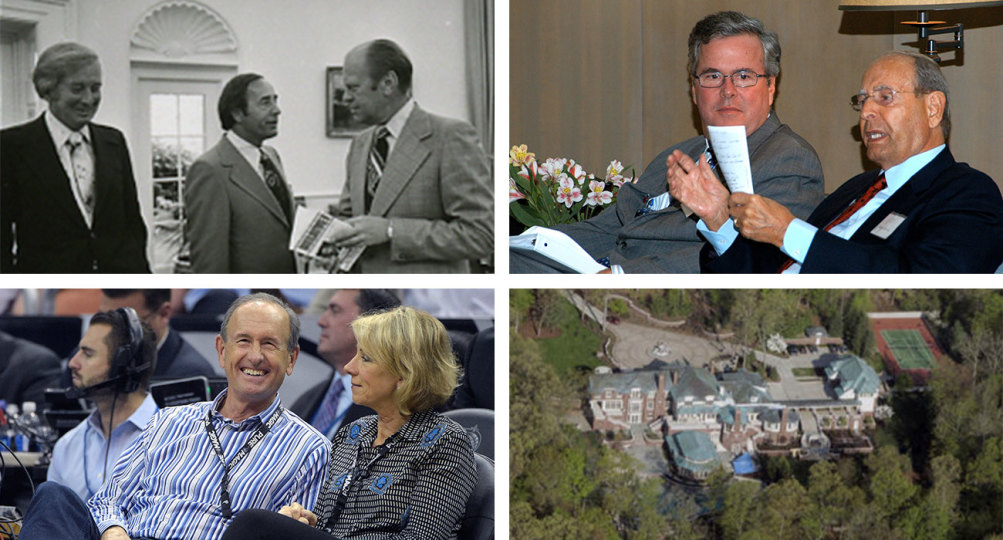 Clockwise, from upper left: Amway cofounders Jay Van Andel (left) and Richard DeVos (center) meet in the Oval Office with President Gerald Ford, who is holding a copy of Richard’s book, “Believe!”; former Florida Gov. Jeb Bush and Richard DeVos during a 2009 event at the Scripps Research Institute; an aerial shot of Dick & Betsy DeVos’s primary residence in Ada, Michigan; Dick & Betsy enjoy their courtside seats at an Orlando Magic game—an NBA team owned by the DeVos family. | National Archives; AP; Getty Images