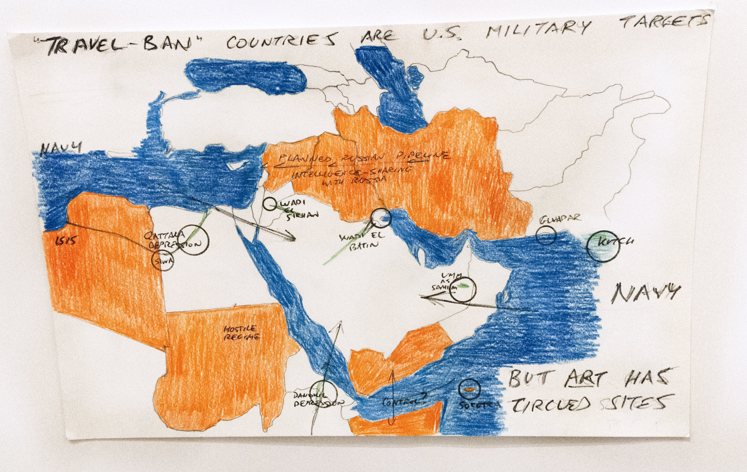 A simple act of pulling out a political line-drawing map of the Middle East, which I have used as a template for works, and then marking up just WHERE the travel-ban is imposed, reveals that the travel-ban probably has nothing to do with Islam, or terrorism, or immigration. It has to do, as the markup shows, with arranging the region for military action. Three of the travel-ban countries—Iran, Iraq, Syria—are being cajoled by Russia into sharing intelligence on stopping ISIS, okay, but more consequentially, for securing the route of a long-planned oil/gas pipeline from Iran through Iraq to Syria. If Russia succeeds, then it takes a huge chunk out of the Western control of Mideast oil secured with the end of World War One. This the US wants to prevent. Meantime, the US tries to secure the Red Sea better, meaning it must fend off anti-Saudi and hostile activity on both sides of the Gulf of Aden, being Yemen and Somalia, and it must also reduce threats from a long-time foe, Sudan. The US already took South Sudan away from Sudan, and has been pulling on the Darfur area to the West, so Sudan is understandably hostile. Libya is in turmoil, is controlled largely by ISIS and other hostile or outright renegade forces, so it will also be subject to military attack. The orange countries marked here simply are the targets for US military planners. All the white countries are not targets. One can propose ecological-restoration projects there, by the same US aircraft, as the “Art... circled sites.” The blue, being Sea, is also highlighted to indicate where the US has free range without permission by any State: it’s Navy area. Such a map is very likely now in the hands of US Navy officers in the region. Their freedom of maneuver is very separately in the Arabian Sea, with passage past choke points into the Red Sea and Arabian/Persian Gulf, and in the Mediterranean Sea. Probably no US warships will attempt passage in these days through the Suez Canal.