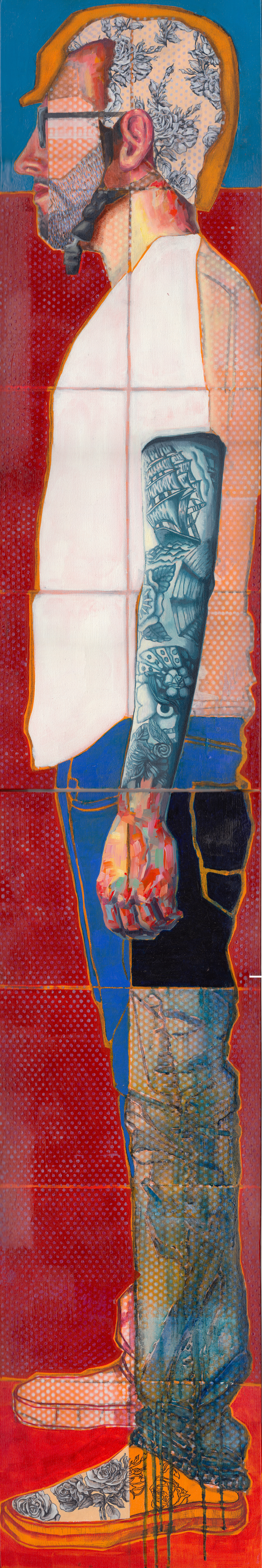 No Diving, In Profile (diptych) | oil, acrylic, aerosol, pen & ink on canvas | 6' x 1'