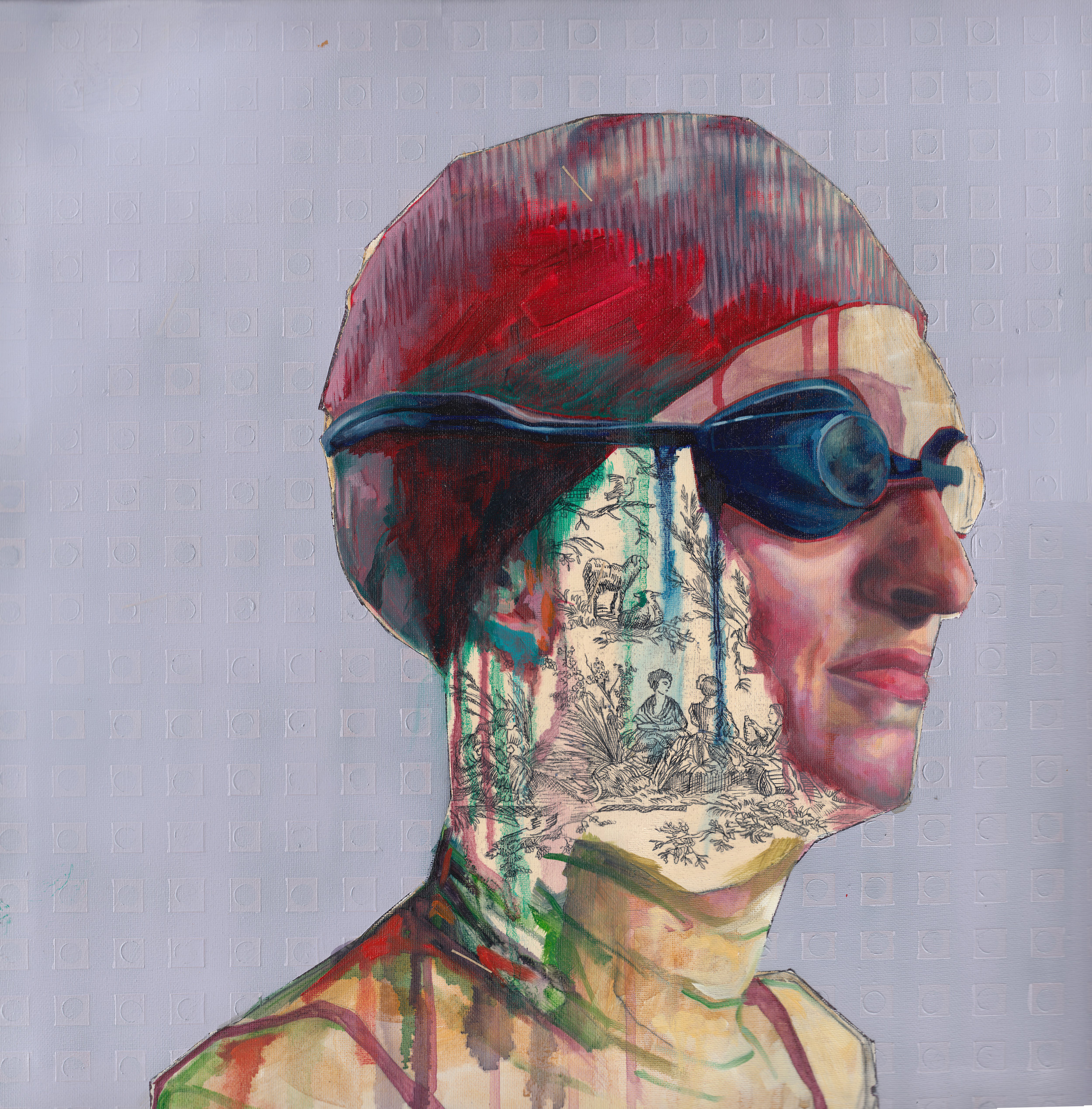 Lap Lane Closed #2 | oil, aerosol, acrylic, pen & ink on canvas | 20" x 20"