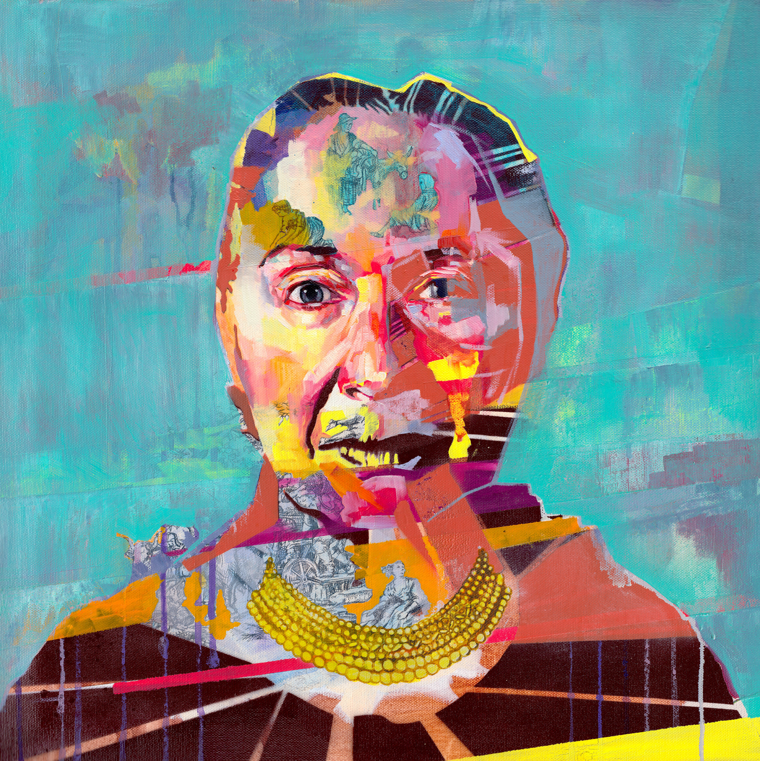 Figure With Toile de Jouy | oil, acrylic, aerosol, pen & ink on canvas | 20" x 20"