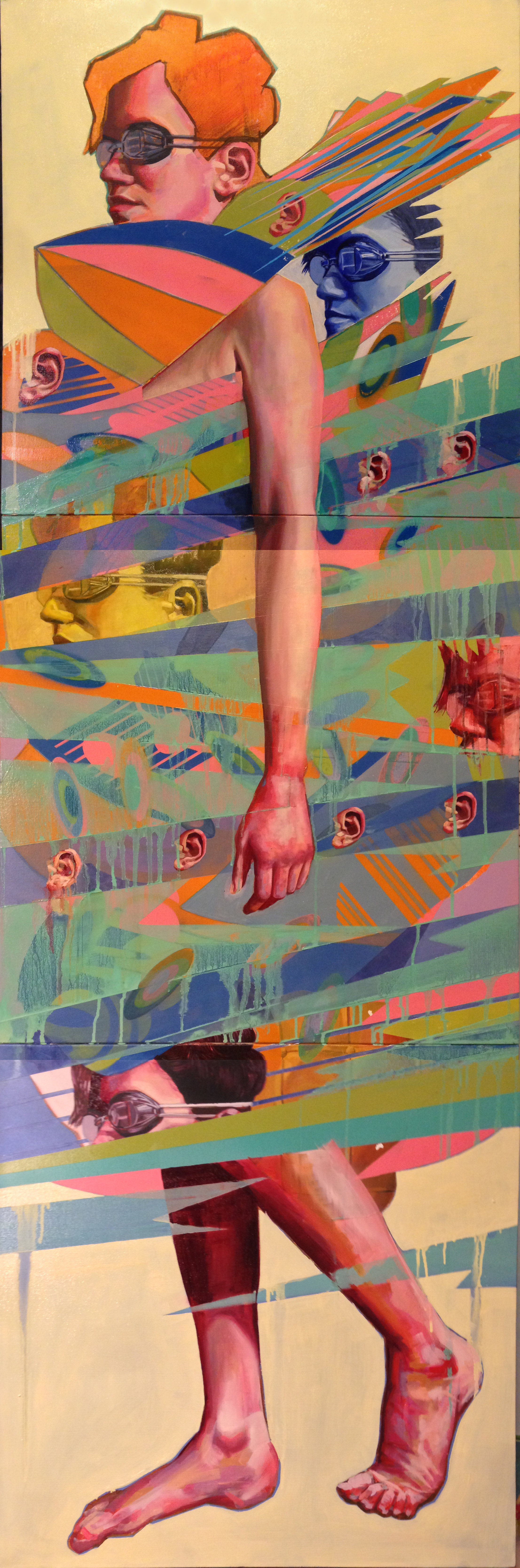 Figure In Motion, 9 Ears, 5 Sets of Goggles (triptych) | oil, acrylic, aerosol on canvas | 72" x 24".