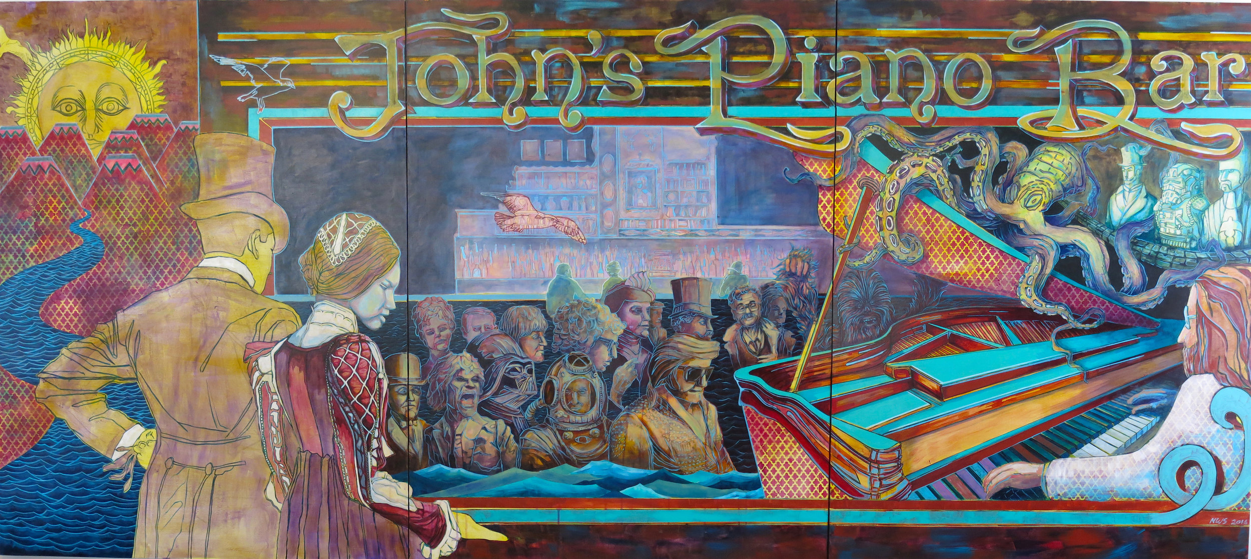 John's Piano Bar (three panels) | acrylic on panel | 4' x 10' (total) | private commission
