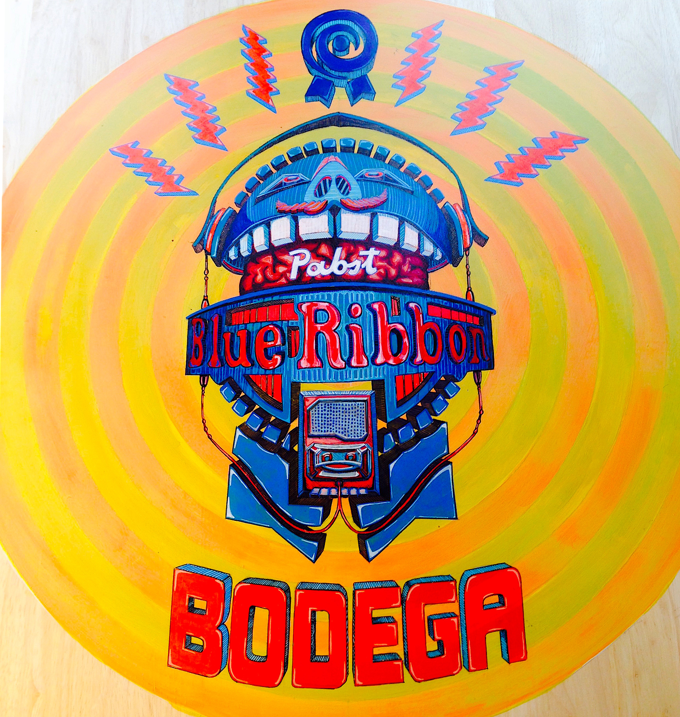 PBR Music Head | acrylic on table top surface | 36" in diameter | commission for Pabst Blue Ribbon and Bodega restaurant in Columbus, OH