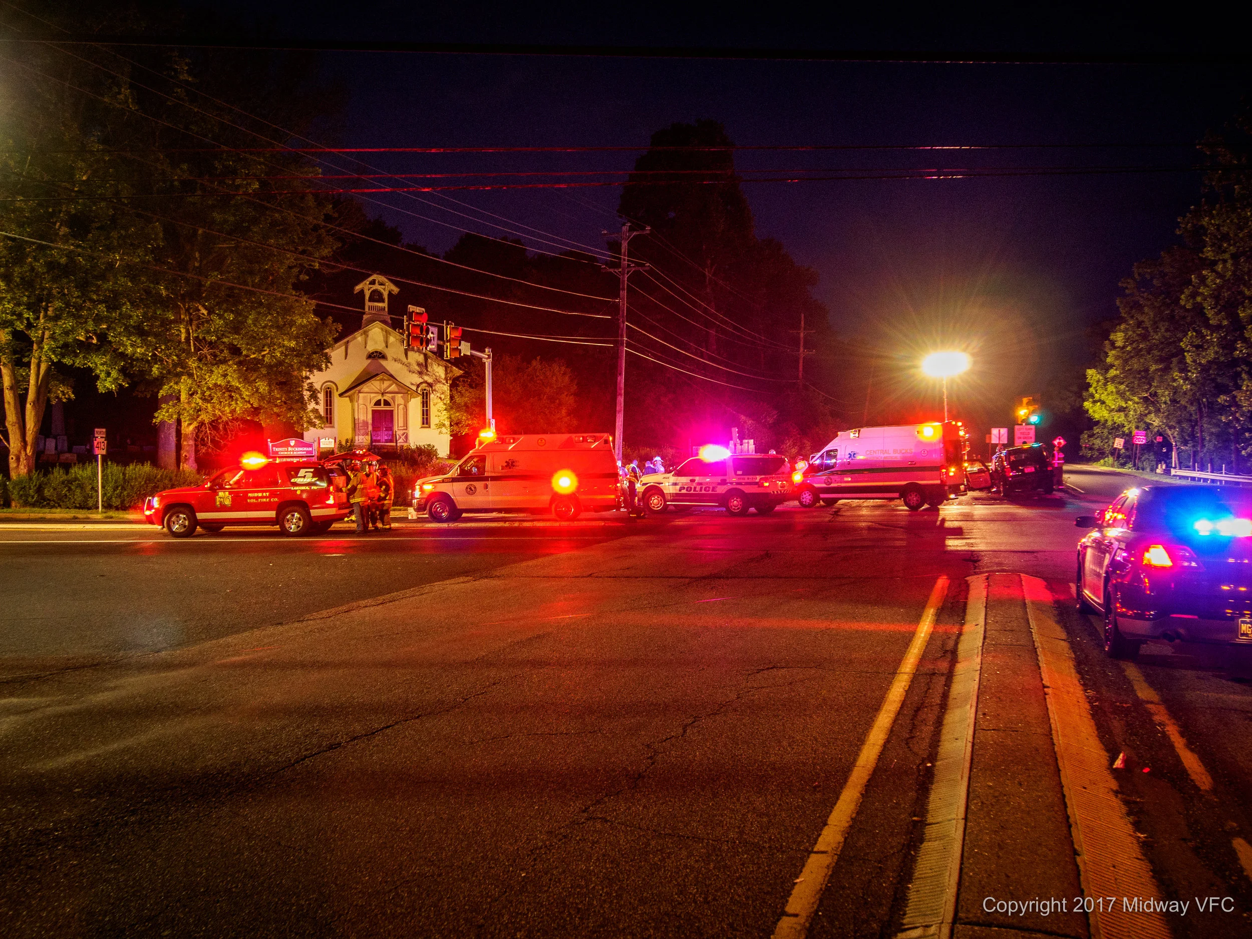 2017.07.03 at 8:59 PM - Midway Volunteer Fire Company responded to a two car accident at Rt 202 & RT 413 in Buckingham Township. All occupants exited the vehicles. Injuries to occupants appeared to be non-life threatening. No first responders (fie, police or EMT) were injured. The cause of the accident is under investigation.