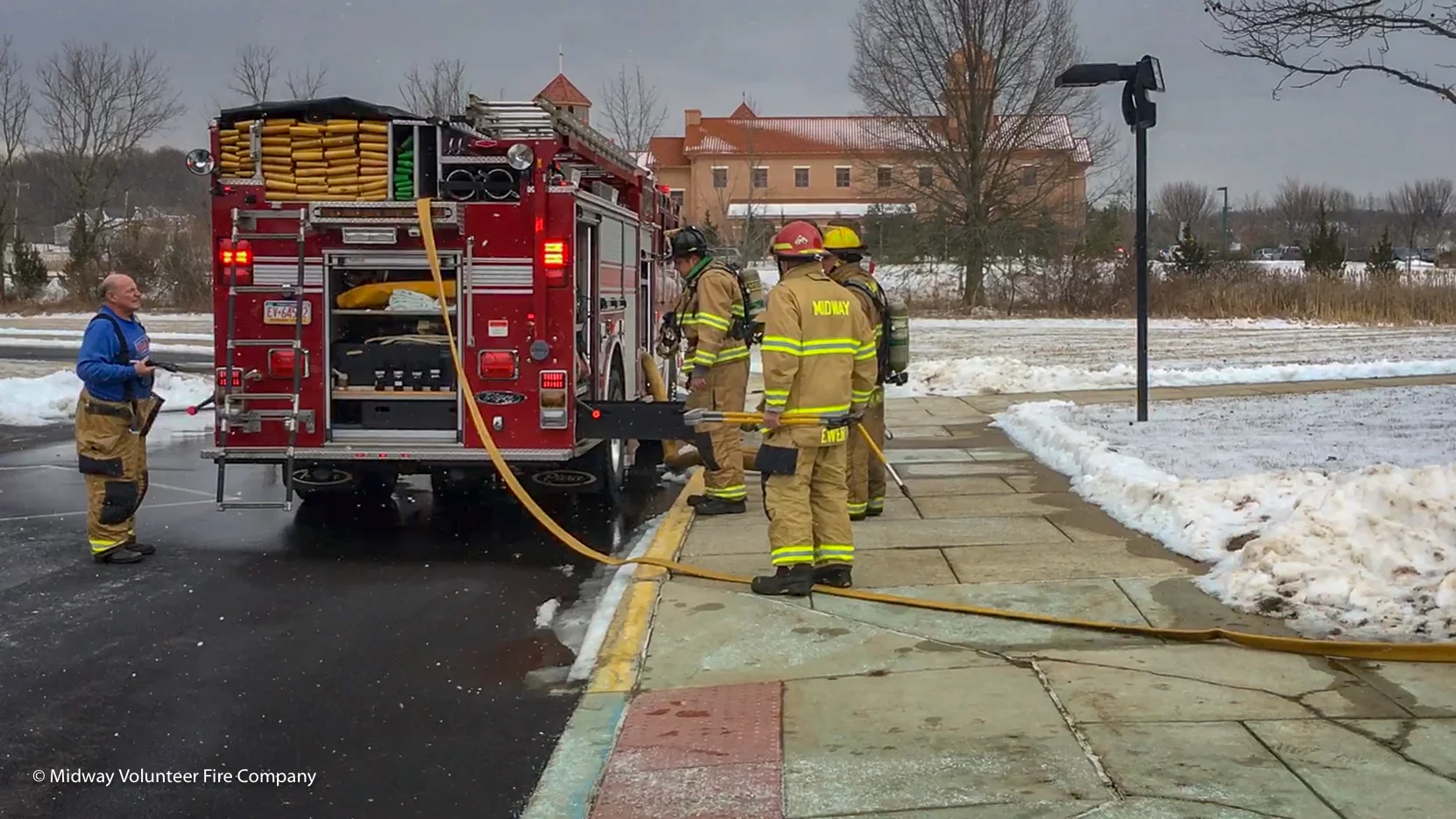 2019-02-13 - Midway Volunteer Fire Company, with the support of neighboring fire companies (New Hope, Lingohocken, Plumstead, Doylestown, Point Pleasant, and Warwick) responded to the report of a fire at Cold Spring Elementary. Chief 5 was on scene three minutes after the call went out and escalated the response. In total there were 14 trucks (engines, ladders, rescue and EMS) on scene and another eight units covering empty fire stations. The fire was quickly contained and placed under control within 18 minutes. There were no reports of injury to the students and teachers or the first responders.