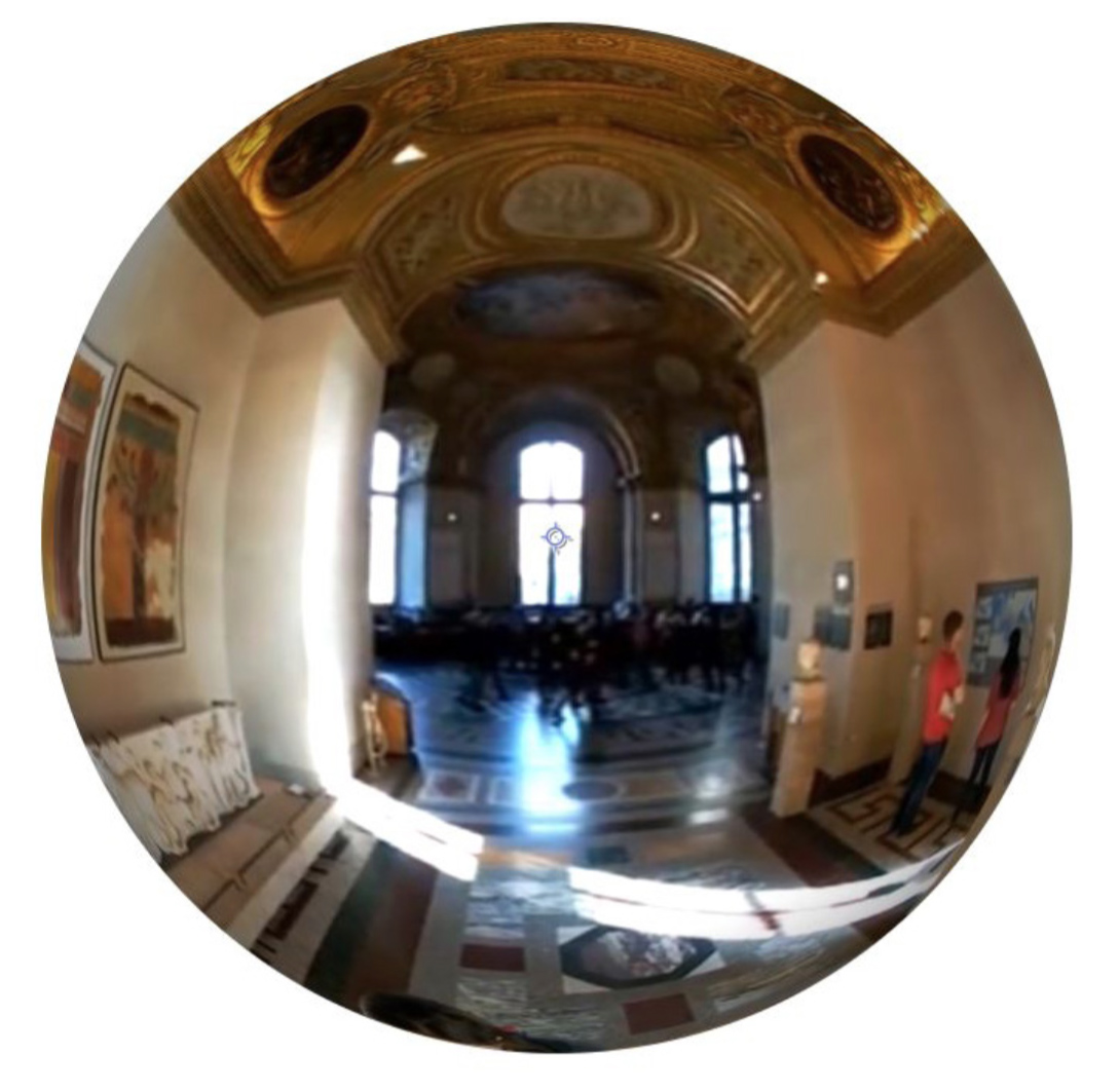 1. Unwrapped 360 Image An example of what the user would see while viewing a 360 video of a person walking through the Louvre with Google Cardboard device.