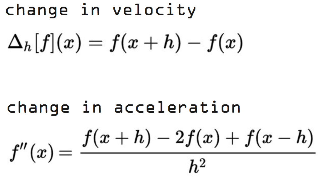5. Derivatives To be able to compare the motion of one video to another, we take the first derivative to calculate the change in velocity and the second derivative to calculate the change in acceleration.