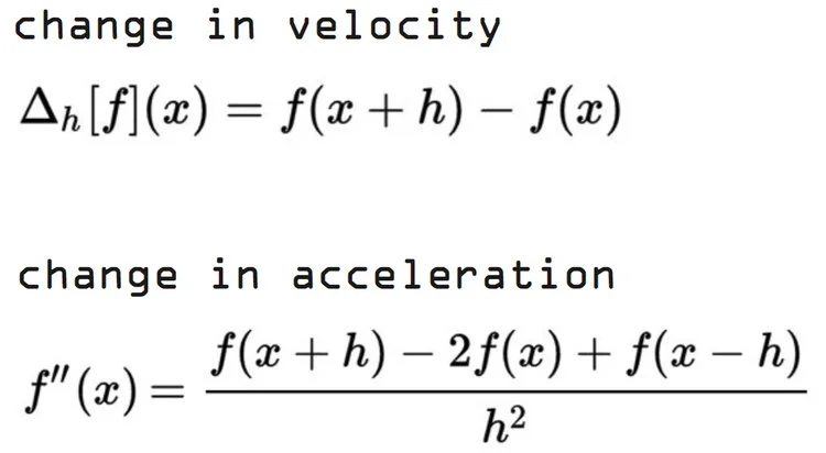 5. Derivatives To be able to compare the motion of one video to another, we take the first derivative to calculate the change in velocity and the second derivative to calculate the change in acceleration.