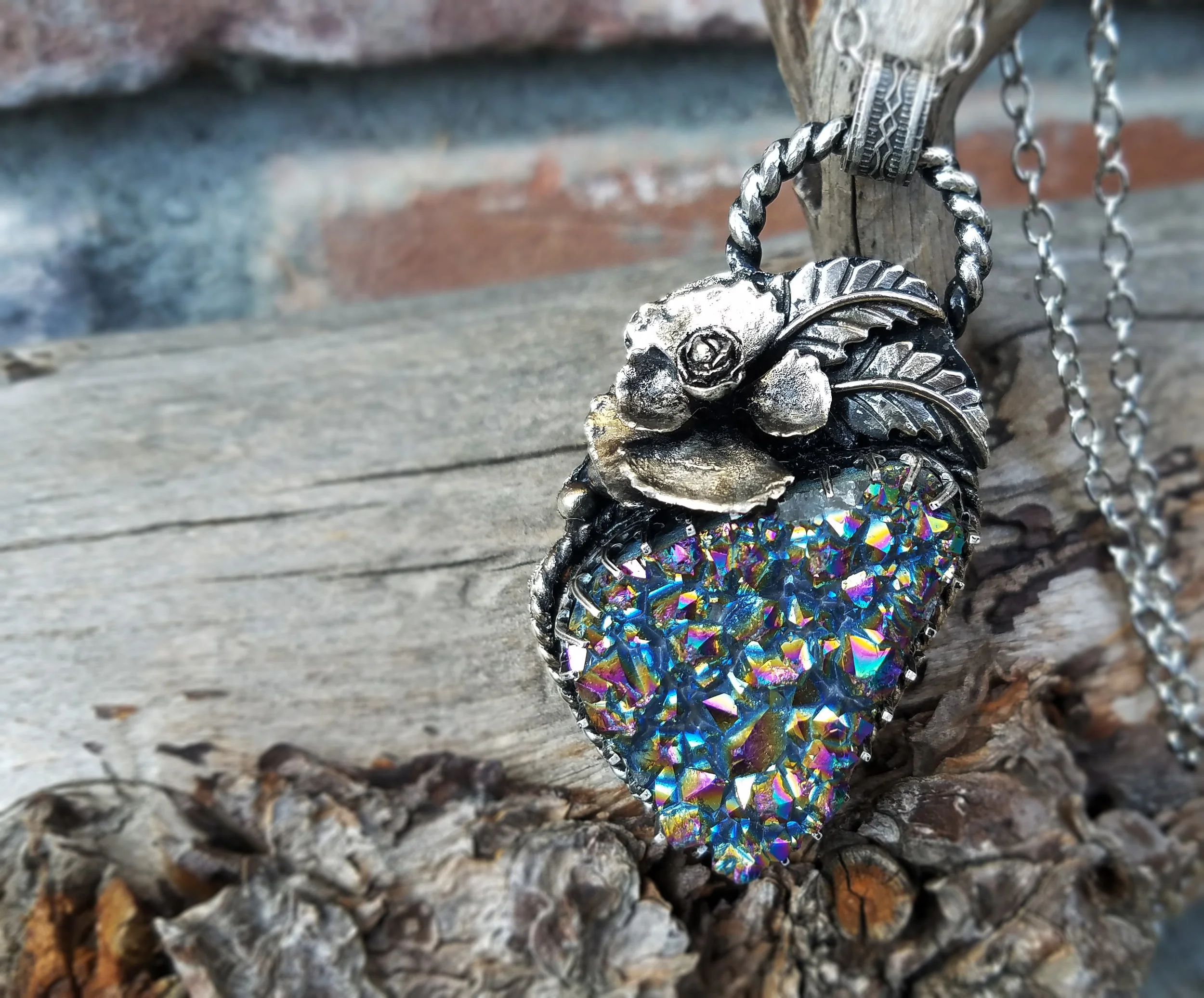 Titanium Crystal Druzy Sterling Silver Succulent Pendant Necklace