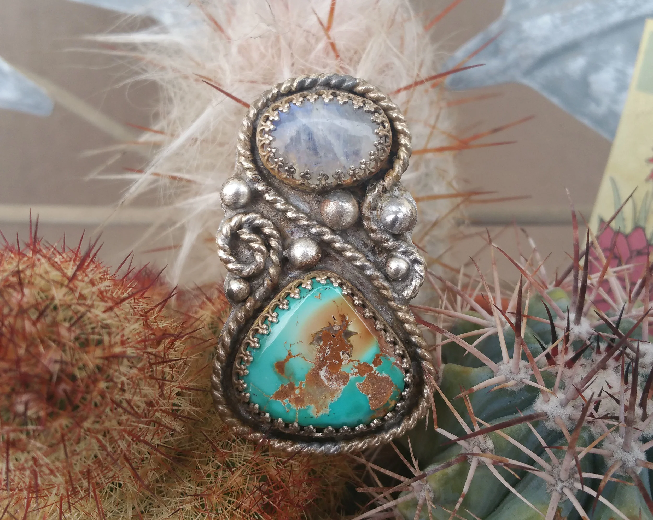 Large Pear Shaped Royston Turquoise with Moonstone Dream Weaver Ring_SIDE 4.jpg