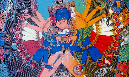 Kalachakra in sexual union with his consort Vishvamata, (detail).