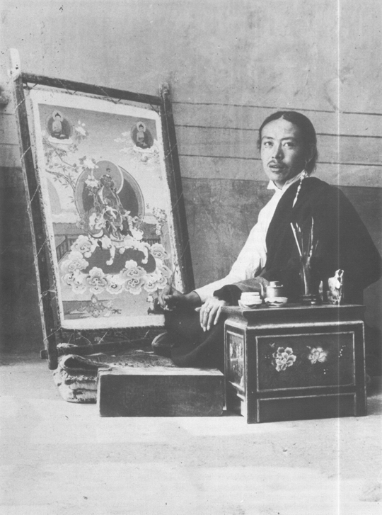 The painter Tsering and his canvas in the Norbu Lingka, Lhasa, Tibet 1937.