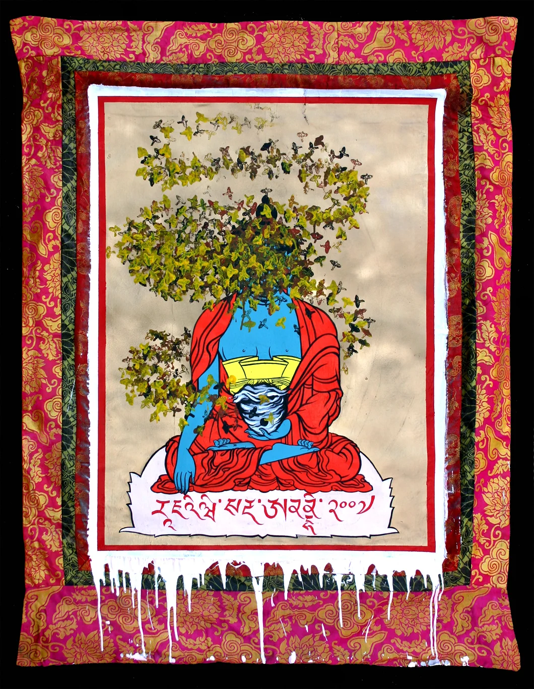 MEDITATION, acrylic and enamel on thangka, 49" x 39"