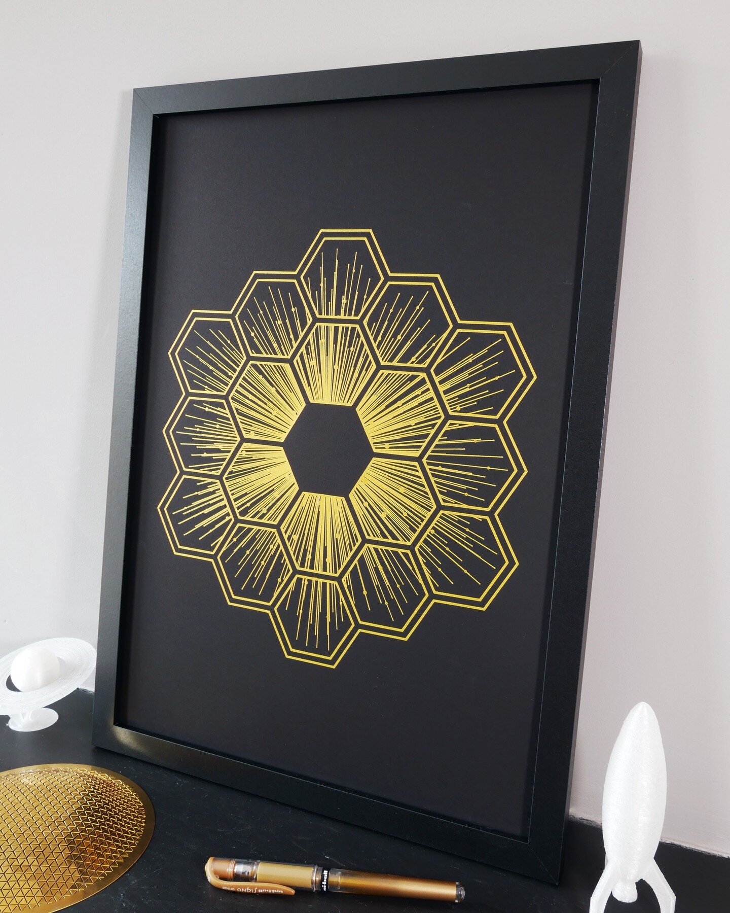James Webb Space Telescope (JWST)

Back by popular demand, I created a larger JWST piece, with the iconic hexagonal golden mirrors as the focus of the image. The minimalist pieces captures a reflection of the cosmos being observed by the Telescope.

