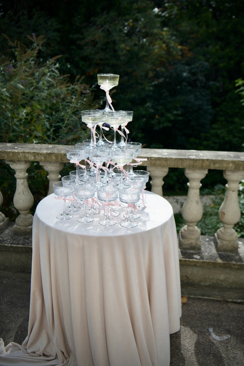 Champagne tower outside in the sunshine, London garden