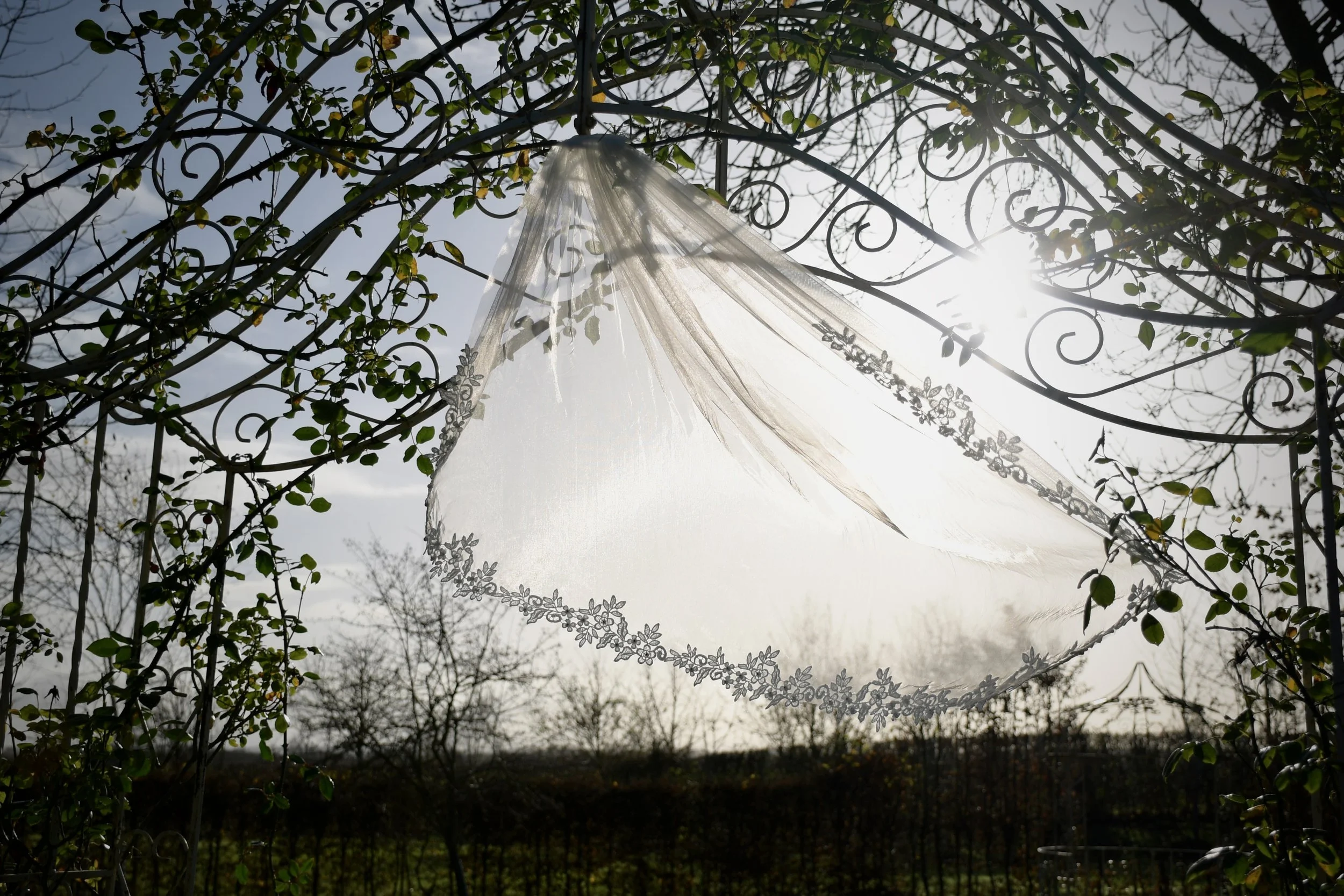 A delicate lace bridal veil draped over an ornate iron arch, glowing in soft golden-hour light. Surrounded by natural greenery, this romantic outdoor scene captures timeless, elegant wedding details.