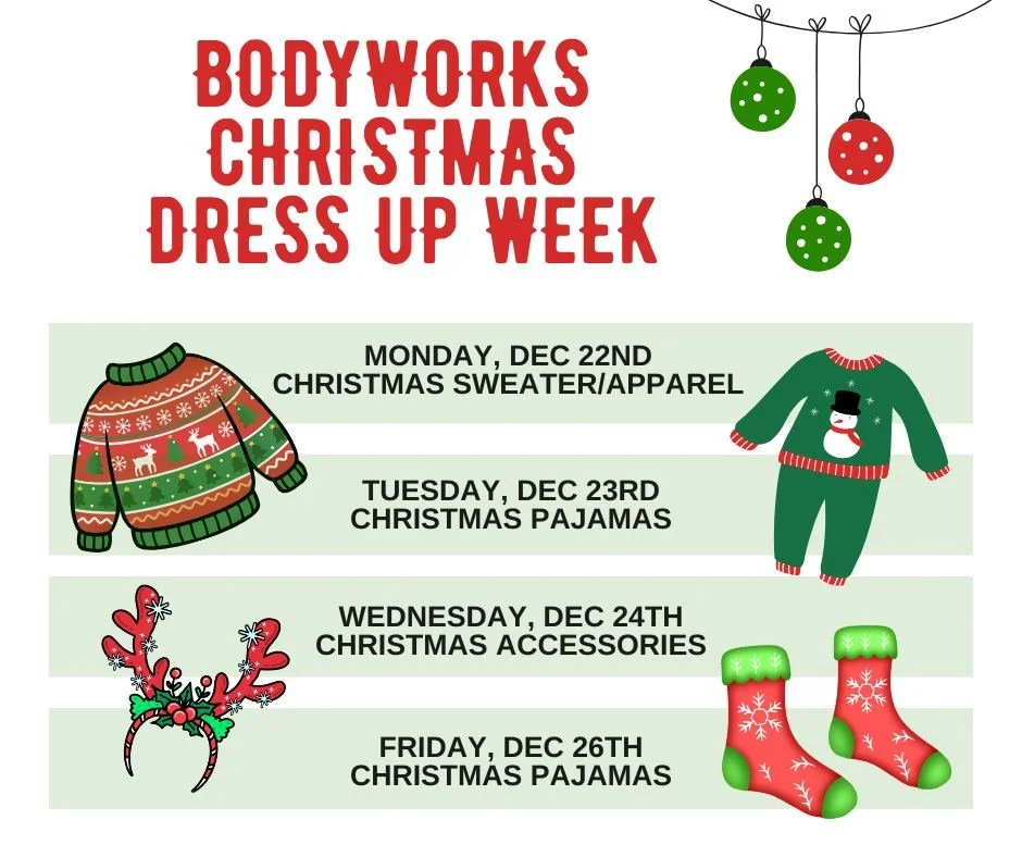 🎅✨ Let&rsquo;s celebrate Christmas Week at BodyWorks! ✨🎅

&bull; Monday &ndash; Festive sweaters &amp; holiday wear
&bull; Tuesday &ndash; Christmas PJs
&bull; Wednesday &ndash; Fun Christmas accessories
&bull; Friday &ndash; PJs again!

We&rsquo;l