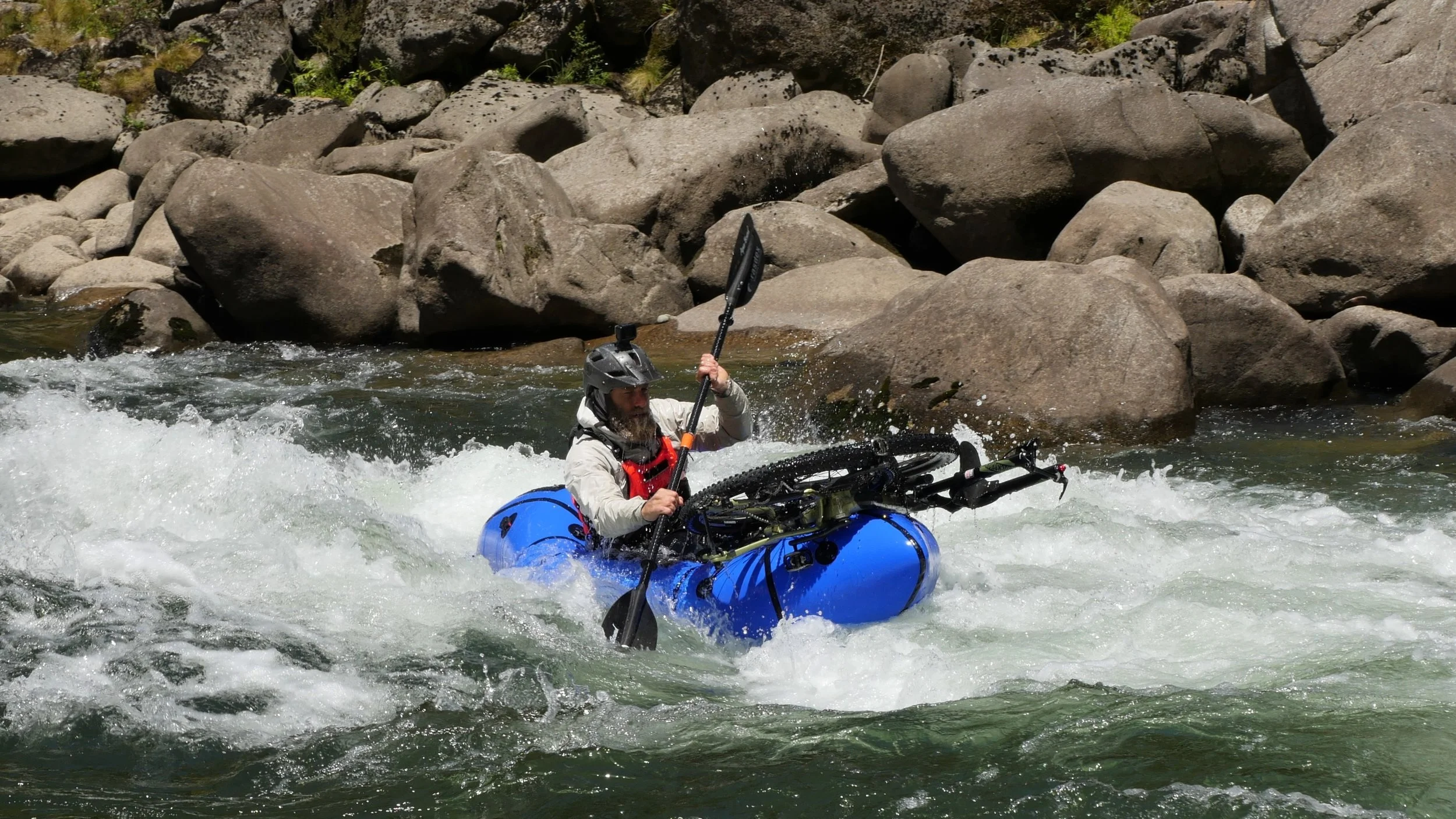 Muel charging through the Mokihinui, this shot clearly shows how high the bike rides on the Gnarwhal.