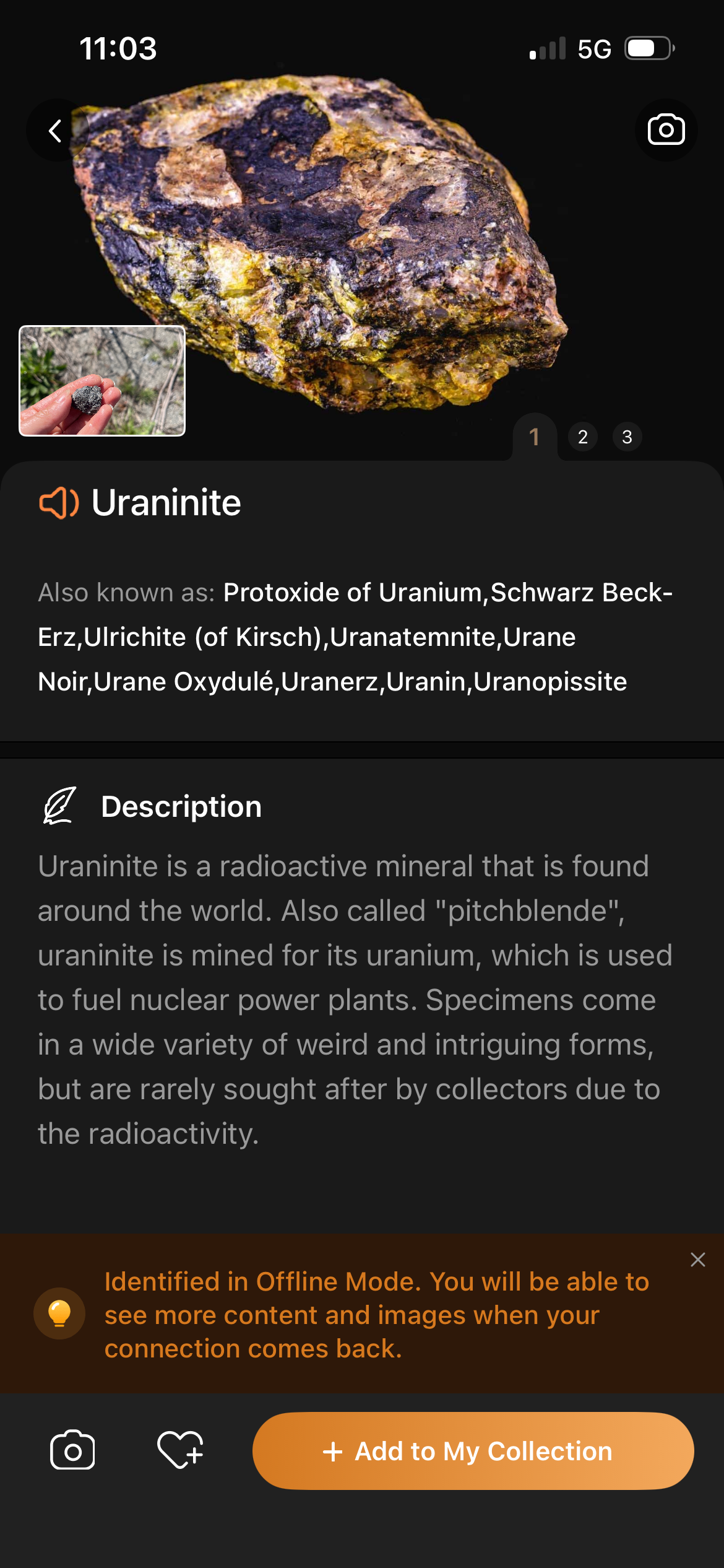 Rock Identifier app showing the Uraninite radioactive stone
