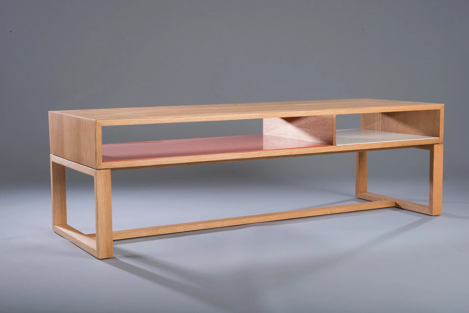   coffee table,&nbsp; white oak + powder coated steel 